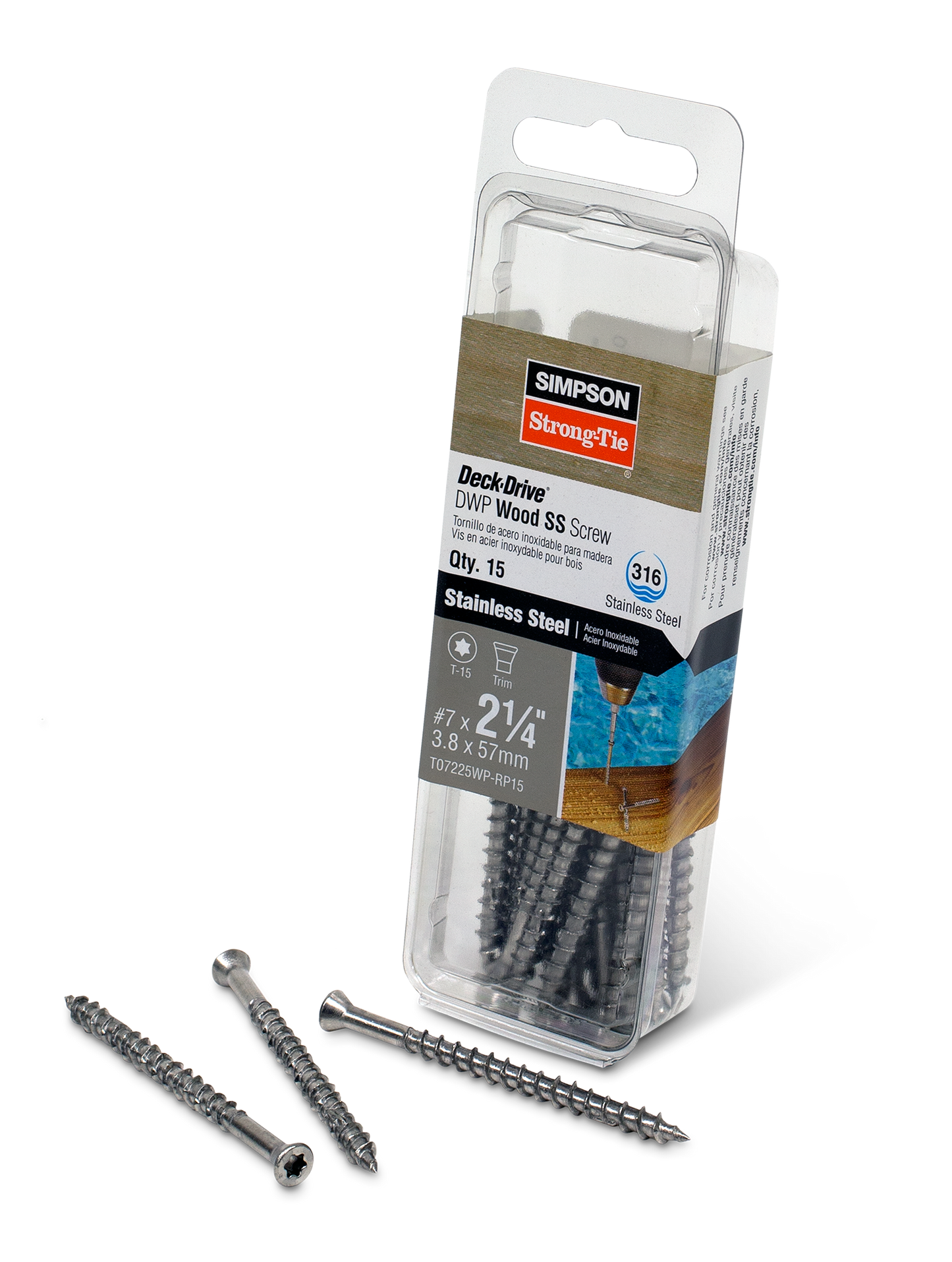 Simpson Strong-Tie T07225WP-RP15 Deck-Drive™ DWP WOOD SS Screw — #7 x 2-1/4 in. T-15, Trim Head, Type 316 (15-Qty)