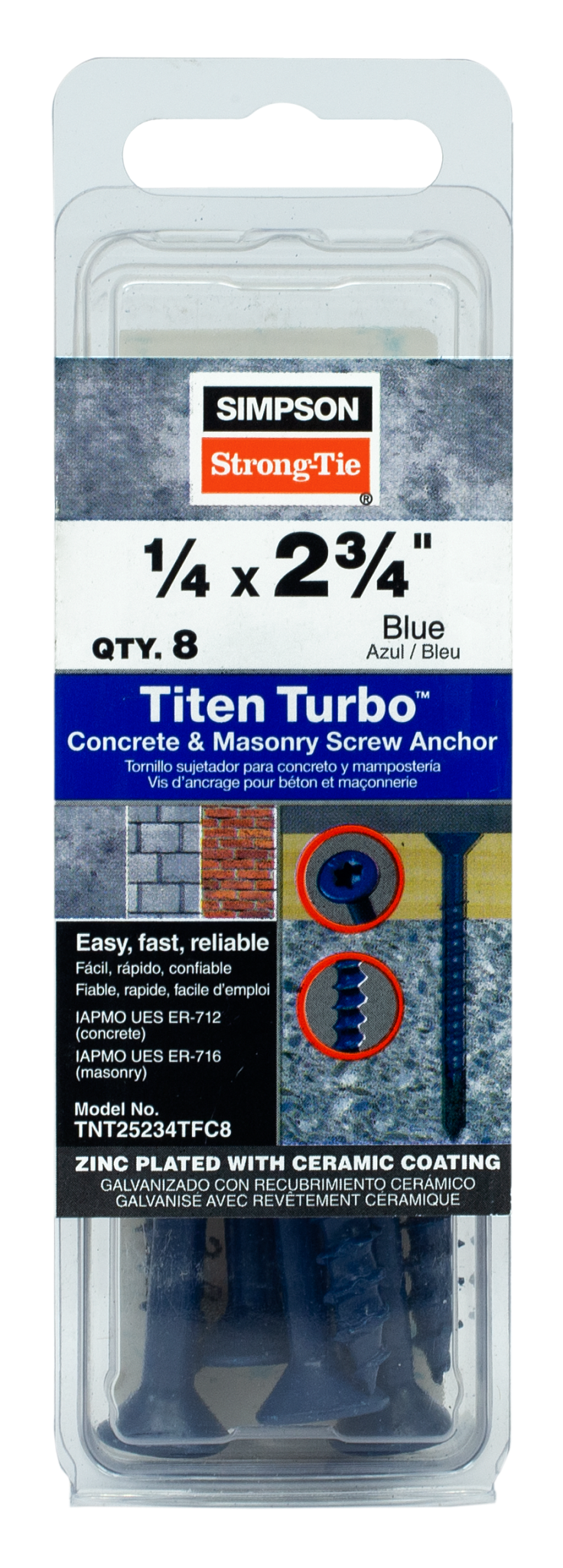 Simpson Strong-Tie TNT25234TFC8 Titen Turbo™ — 1/4 in. x 2-3/4 in. 6-Lobe Flat-Head Concrete and Masonry Screw, Blue (8-Qty) (Pack of 5520)