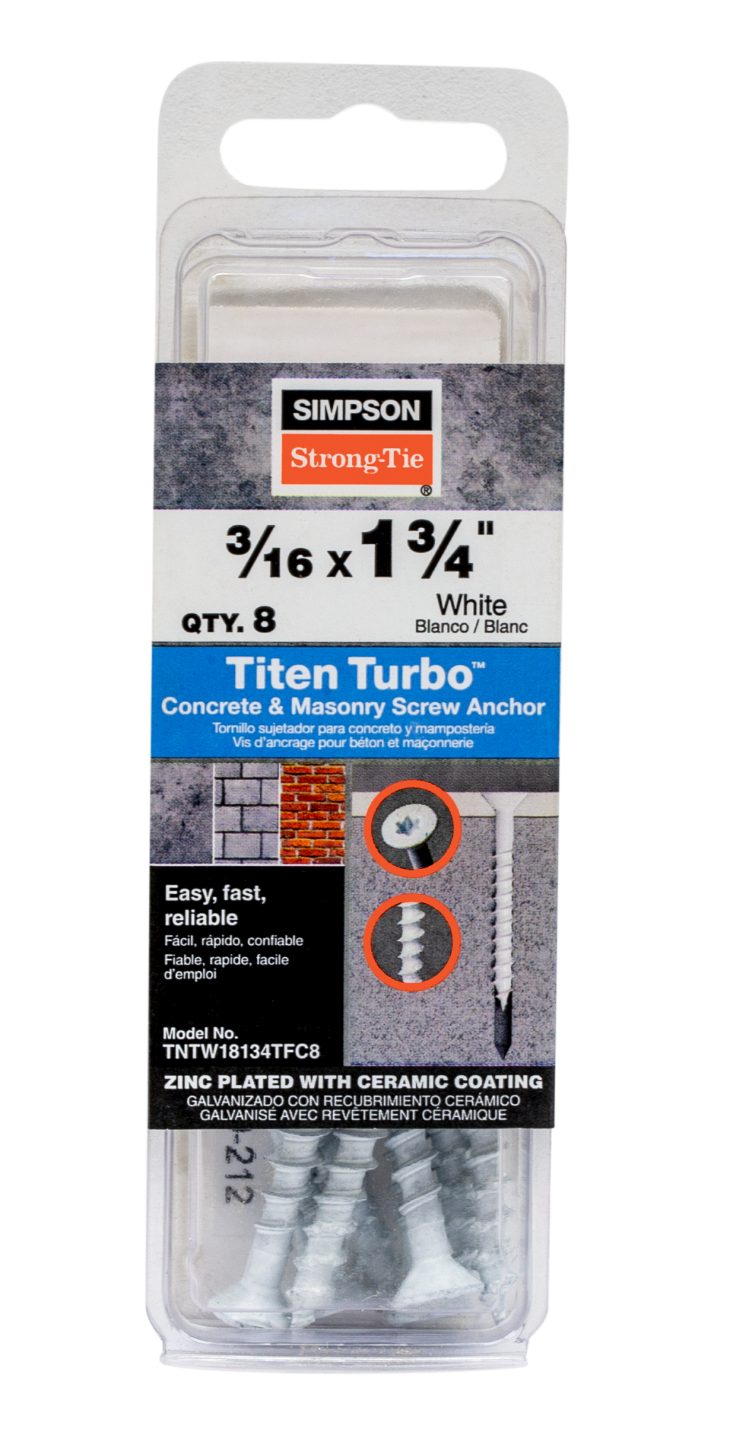 Simpson Strong-Tie TNTW18134TFC8 Titen Turbo™ — 3/16 in. x 1-3/4 in. 6-Lobe Flat-Head Concrete and Masonry Screw, White (8-Qty) (Pack of 5)