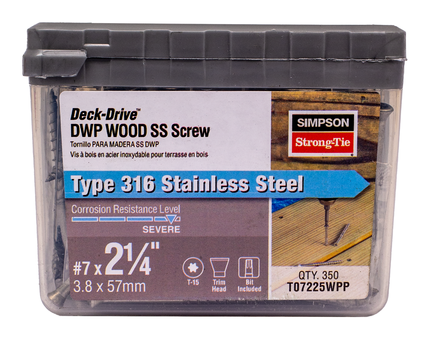 Simpson Strong-Tie T07225WPP Deck-Drive™ DWP WOOD SS Screw — #7 x 2-1/4 in. T-15, Trim Head, Type 316 (350-Qty) (Pack of 6)