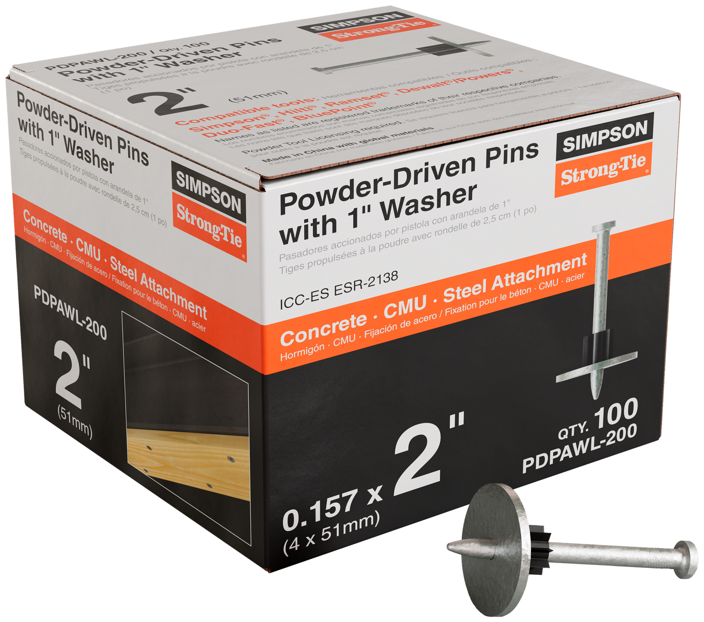 Simpson Strong-Tie PDPAWL-200 PDPAWL .157-in. x 2-in. Powder-Actuated Pin w/ 1-in. Washer (100-Qty) (Pack of 10)