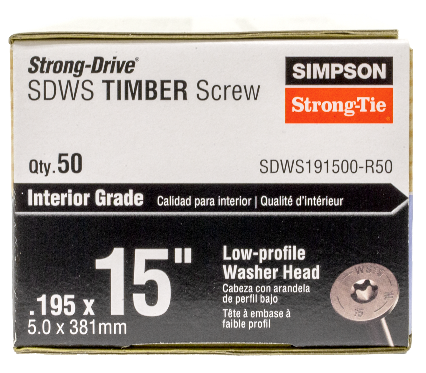 Simpson Strong-Tie SDWS191500-R50 Strong-Drive® SDWS™ TIMBER Screw (Interior) — 0.195 in. x 15 in. E-coat® (50-Qty) (Pack of 96)
