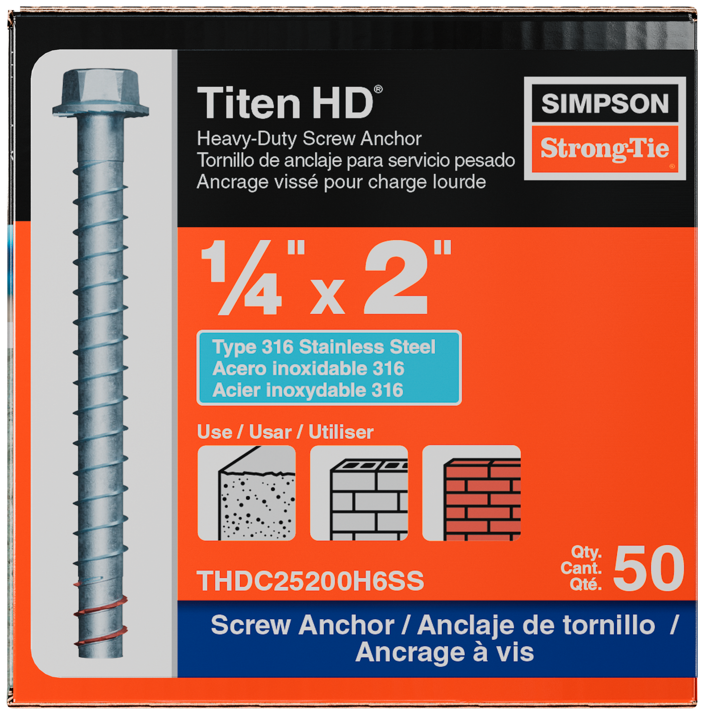 Simpson Strong-Tie THDC25200H6SS Titen HD® 1/4 in. x 2 in. Type 316 Stainless-Steel Heavy-Duty Screw Anchor (50-Qty)