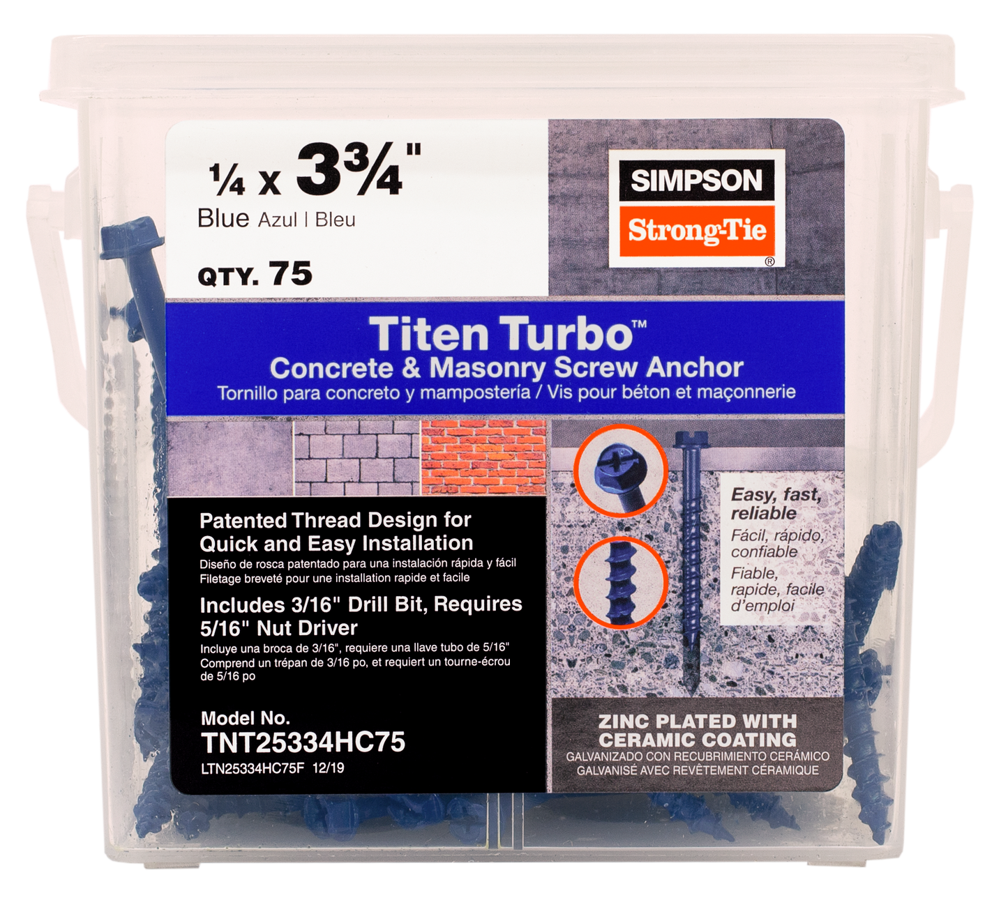 Simpson Strong-Tie TNT25334HC75 Titen Turbo™ — 1/4 in. x 3-3/4 in. Hex-Head Concrete and Masonry Screw, Blue (75-Qty) (Pack of 336)