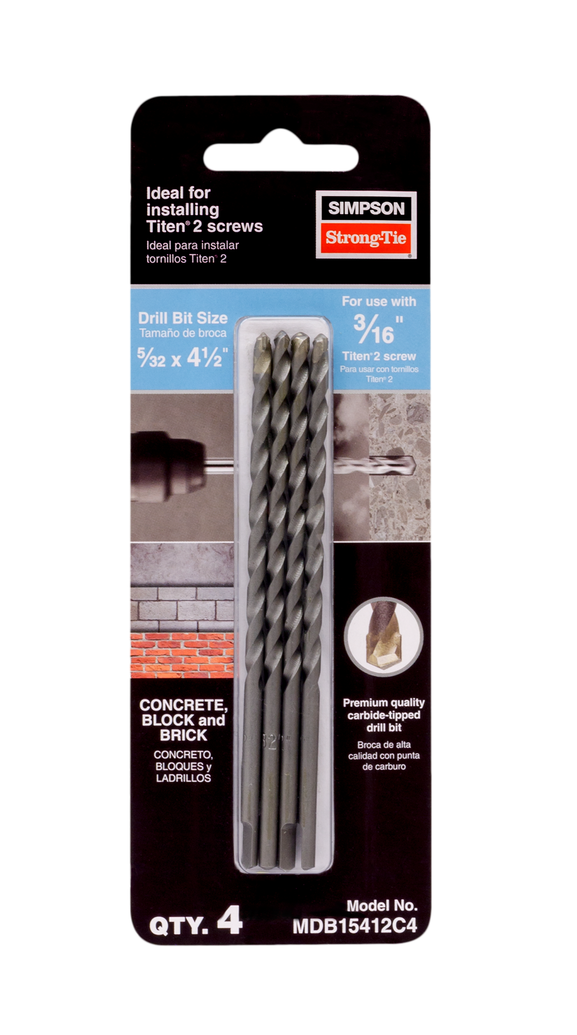 Simpson Strong-Tie MDB15412C4 Titen Turbo™ 5/32 in. x 4-1/2 in. Screw-Anchor Drill Bit (4-Qty) (Pack of 4800)