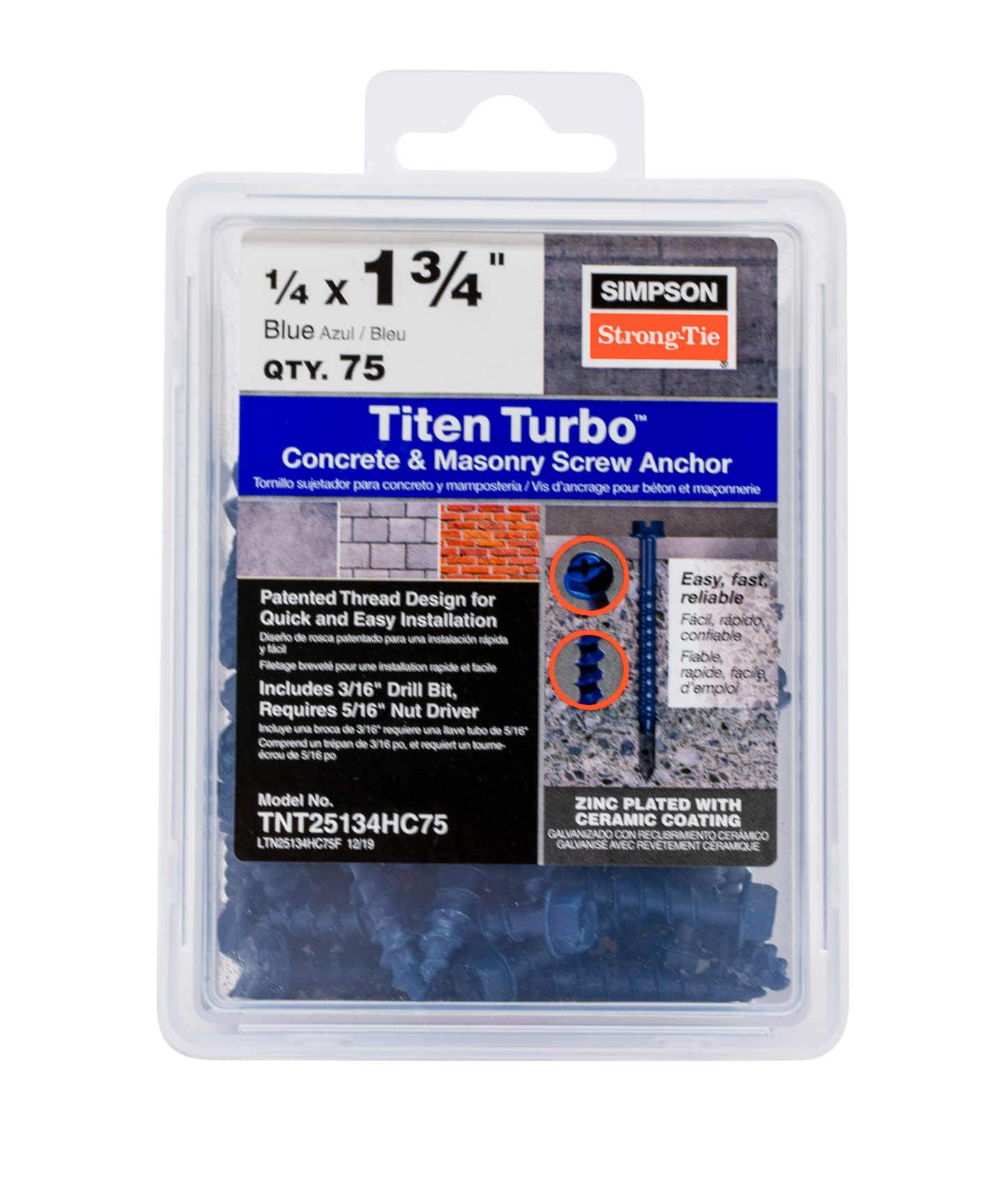 Simpson Strong-Tie TNT25134HC75 Titen Turbo™ — 1/4 in. x 1-3/4 in. Hex-Head Concrete and Masonry Screw, Blue (75-Qty)
