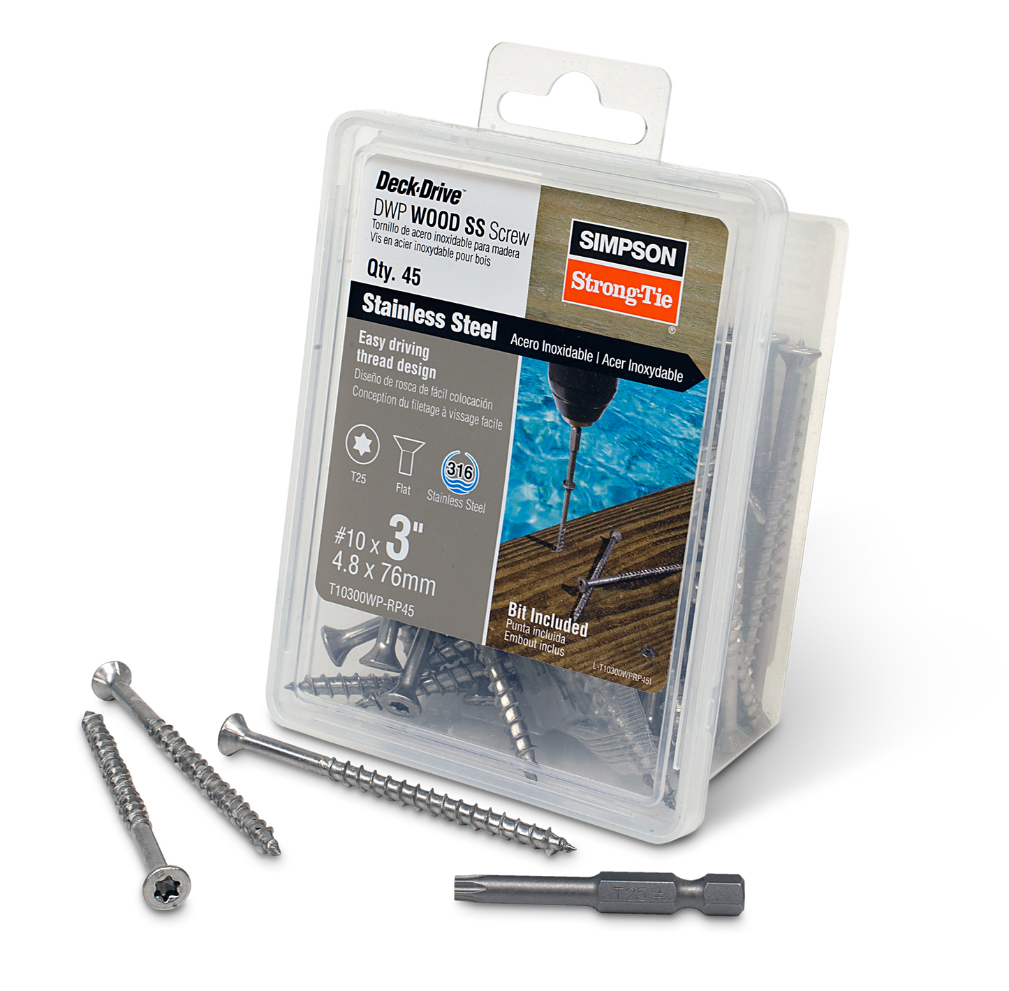 Simpson Strong-Tie T10300WP-RP45 Deck-Drive™ DWP WOOD SS Screw — #10 x 3 in. T-25, Flat Head, Type 316 (45-Qty) (Pack of 4)