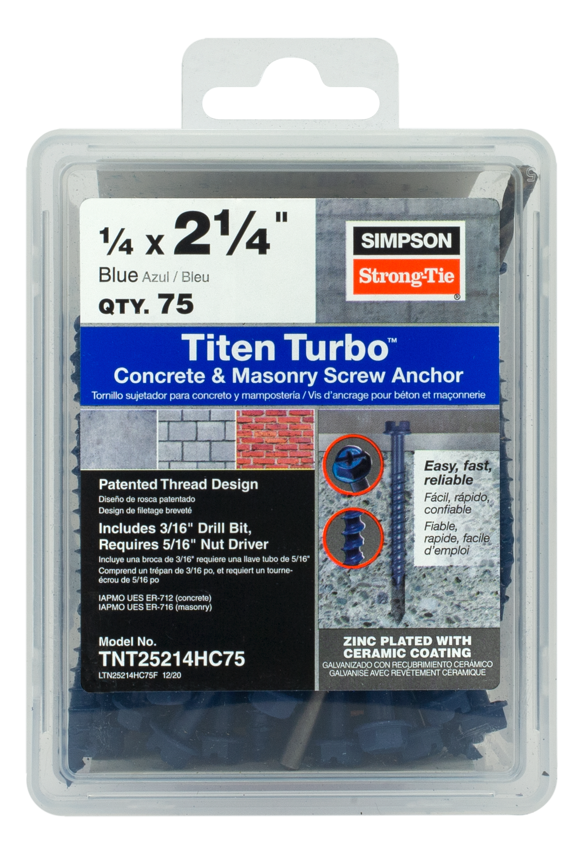 Simpson Strong-Tie TNT25214HC75 Titen Turbo™ — 1/4 in. x 2-1/4 in. Hex-Head Concrete and Masonry Screw, Blue (75-Qty) (Pack of 1152)