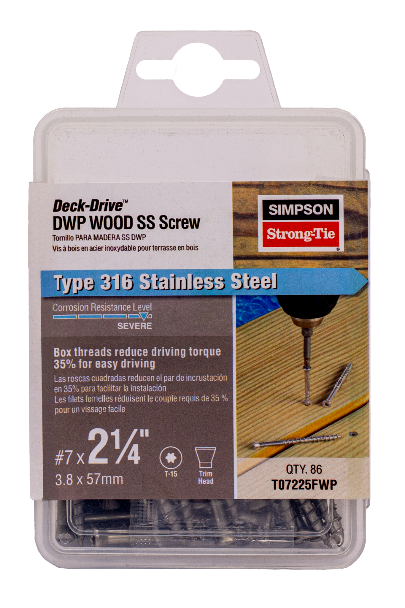 Simpson Strong-Tie T07225FWP Deck-Drive™ DWP WOOD SS Screw — #7 x 2-1/4 in. T-15, Trim Head, Type 316 (86-Qty) (Pack of 600)