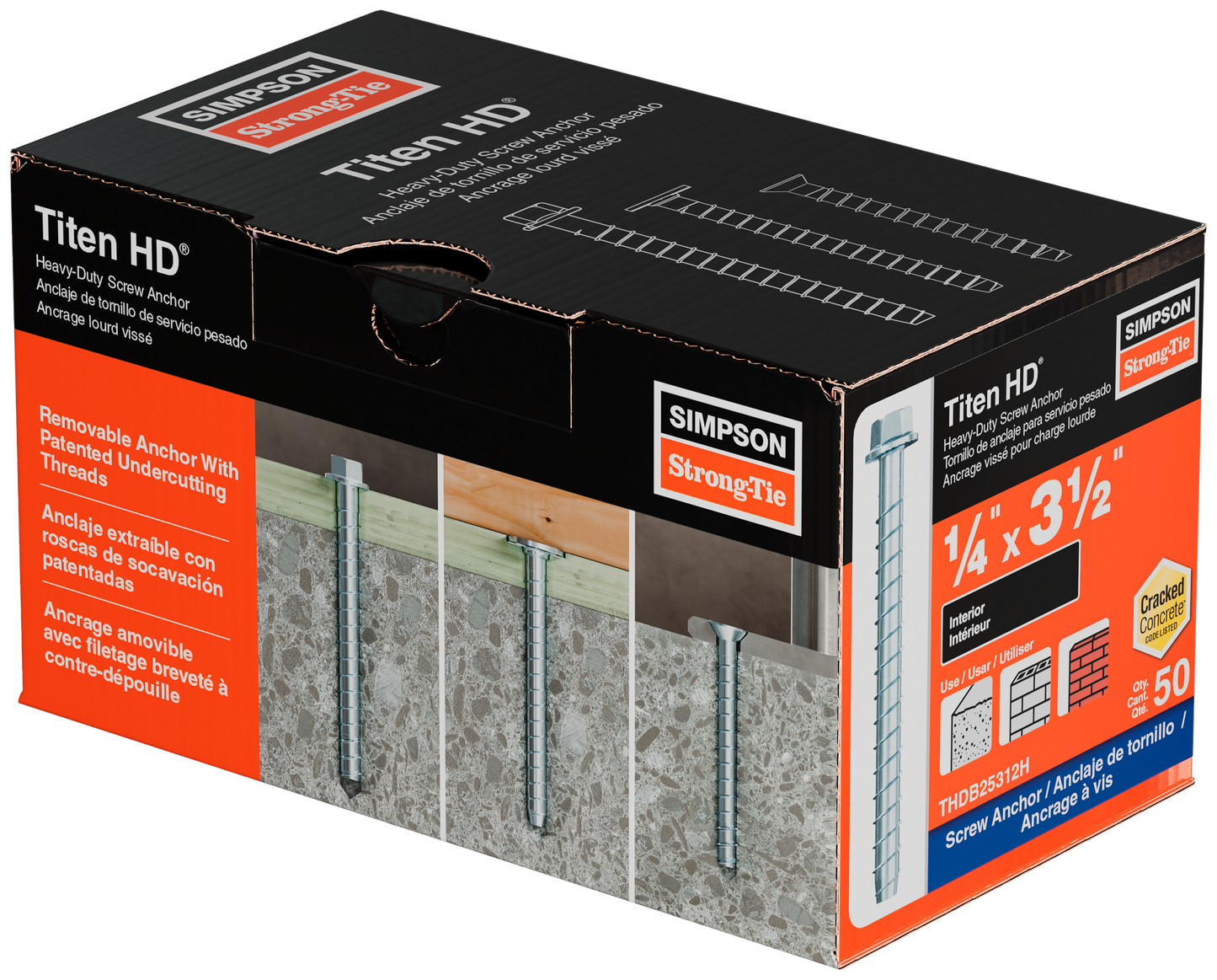 Simpson Strong-Tie THDB25312H Titen HD® 1/4 in. x 3-1/2 in. Heavy-Duty Screw Anchor (50-Qty) (Pack of 490)