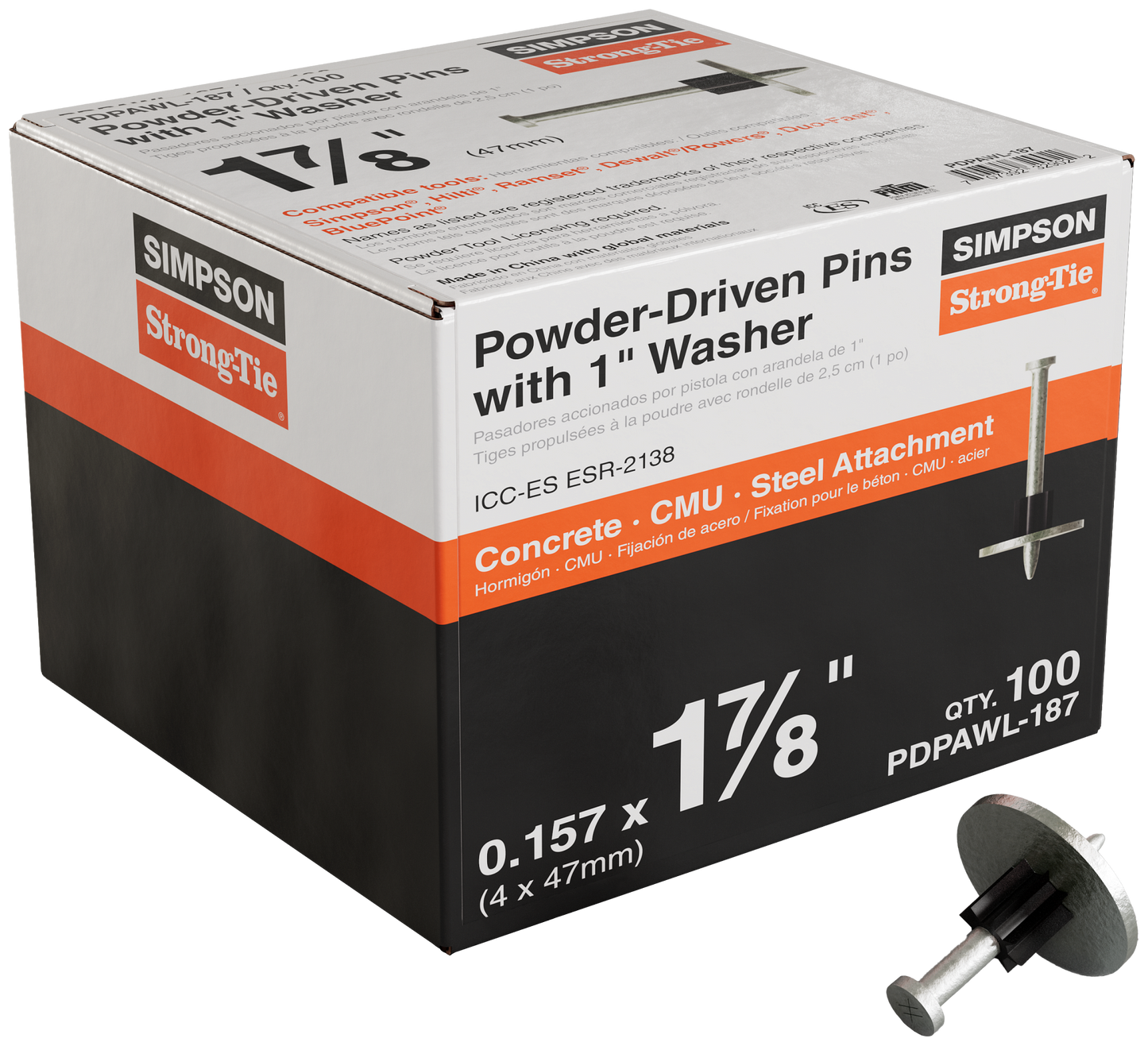 Simpson Strong-Tie PDPAWL-187 PDPAWL .157-in. x 1-7/8-in. Powder-Actuated Pin w/ 1-in. Washer (100-Qty)