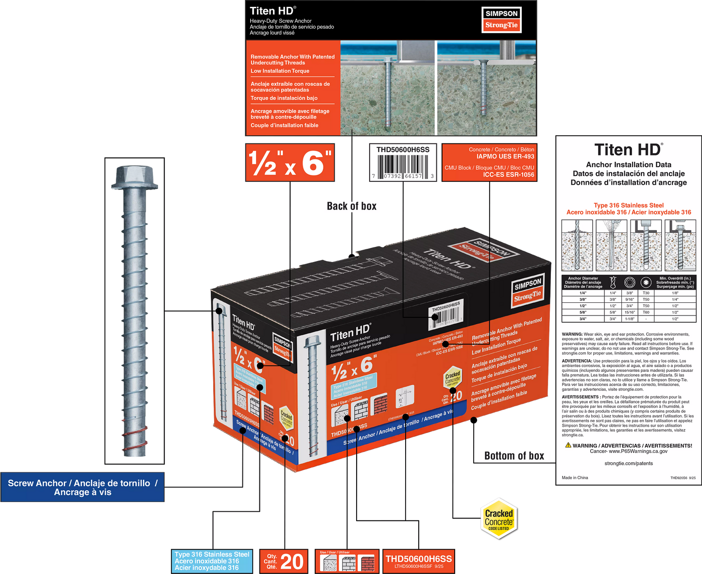 Simpson Strong-Tie THD50600H6SS Titen HD® 1/2 in. x 6 in. Type 316 Stainless-Steel Heavy-Duty Screw Anchor (20-Qty) (Pack of 240)