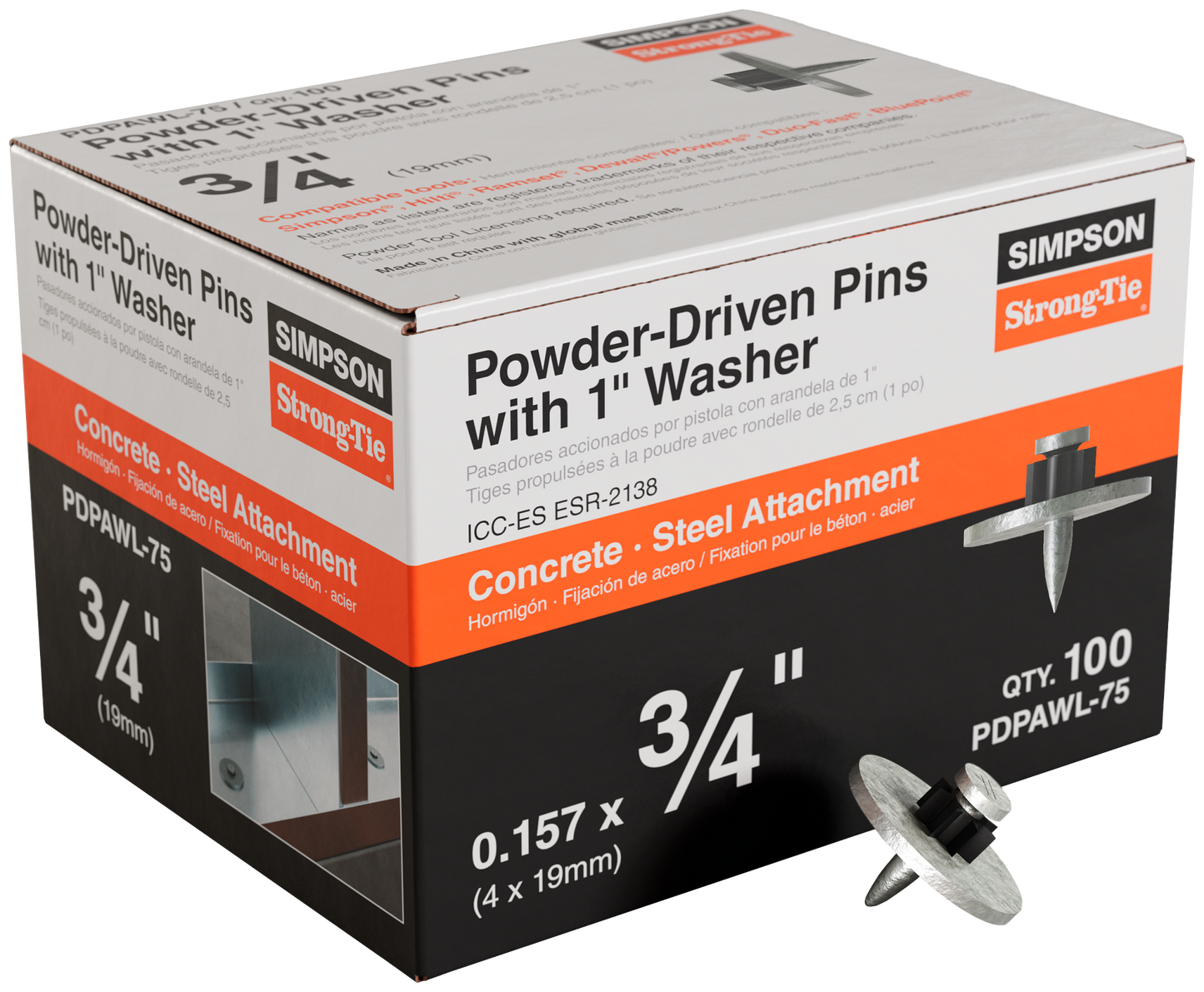 Simpson Strong-Tie PDPAWL-75 PDPAWL .157-in. x 3/4-in. Powder-Actuated Pin w/ 1-in. Washer (100-Qty) (Pack of 10)