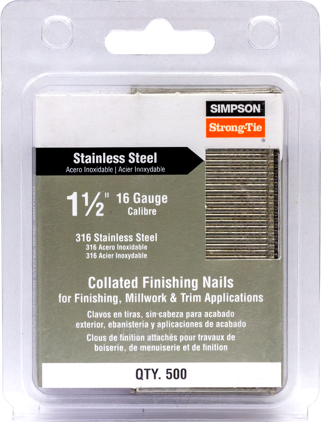 Simpson Strong-Tie T16N150FNB Straight, Adhesive Collation, T-Style Head, 16-Gauge Finishing Nail — 1-1/2 in. Type 316 (500-Qty) (Pack of 100)