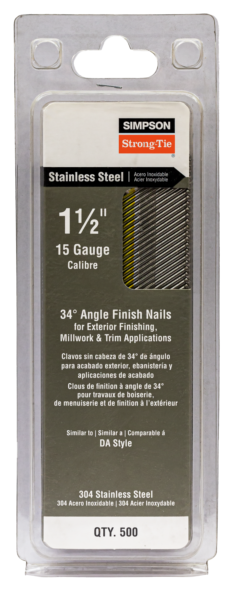 Simpson Strong-Tie S15N150SFB Tape Collation, DA-Style Angle, 15-Gauge Finishing Nail — 1-1/2 in. Type 304 (500-Qty)