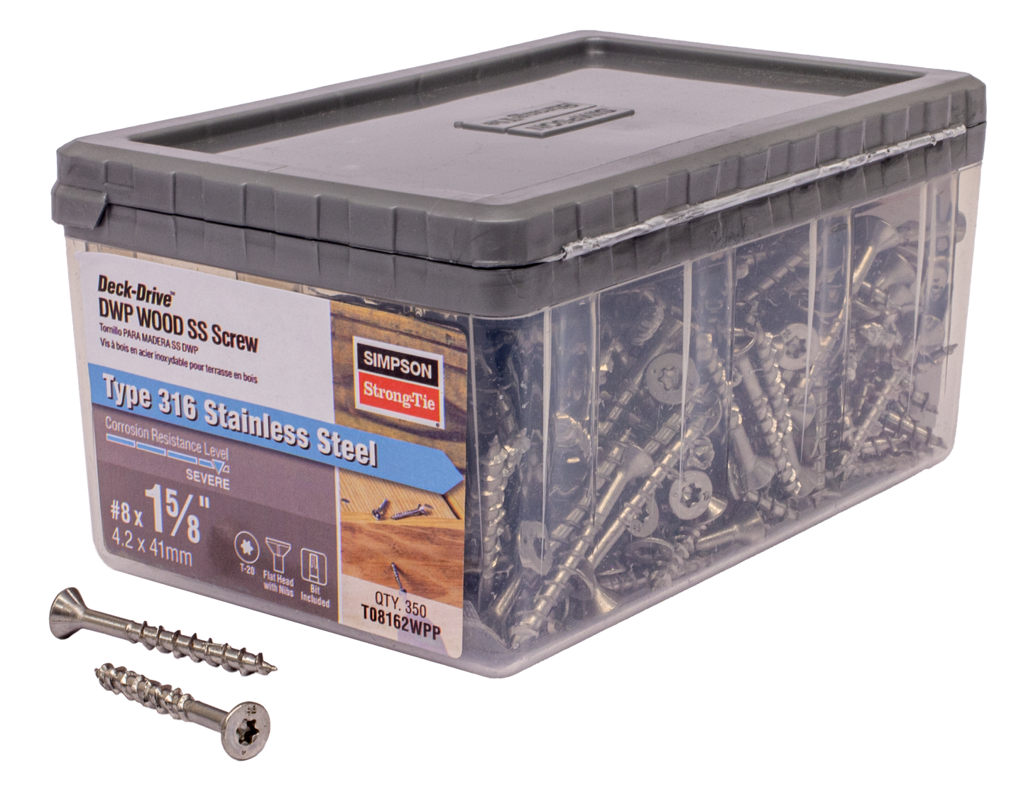 Simpson Strong-Tie T08162WPP Deck-Drive™ DWP WOOD SS Screw — #8 x 1-5/8 in. T20, Flat Head, Type 316 (350-Qty) (Pack of 6)