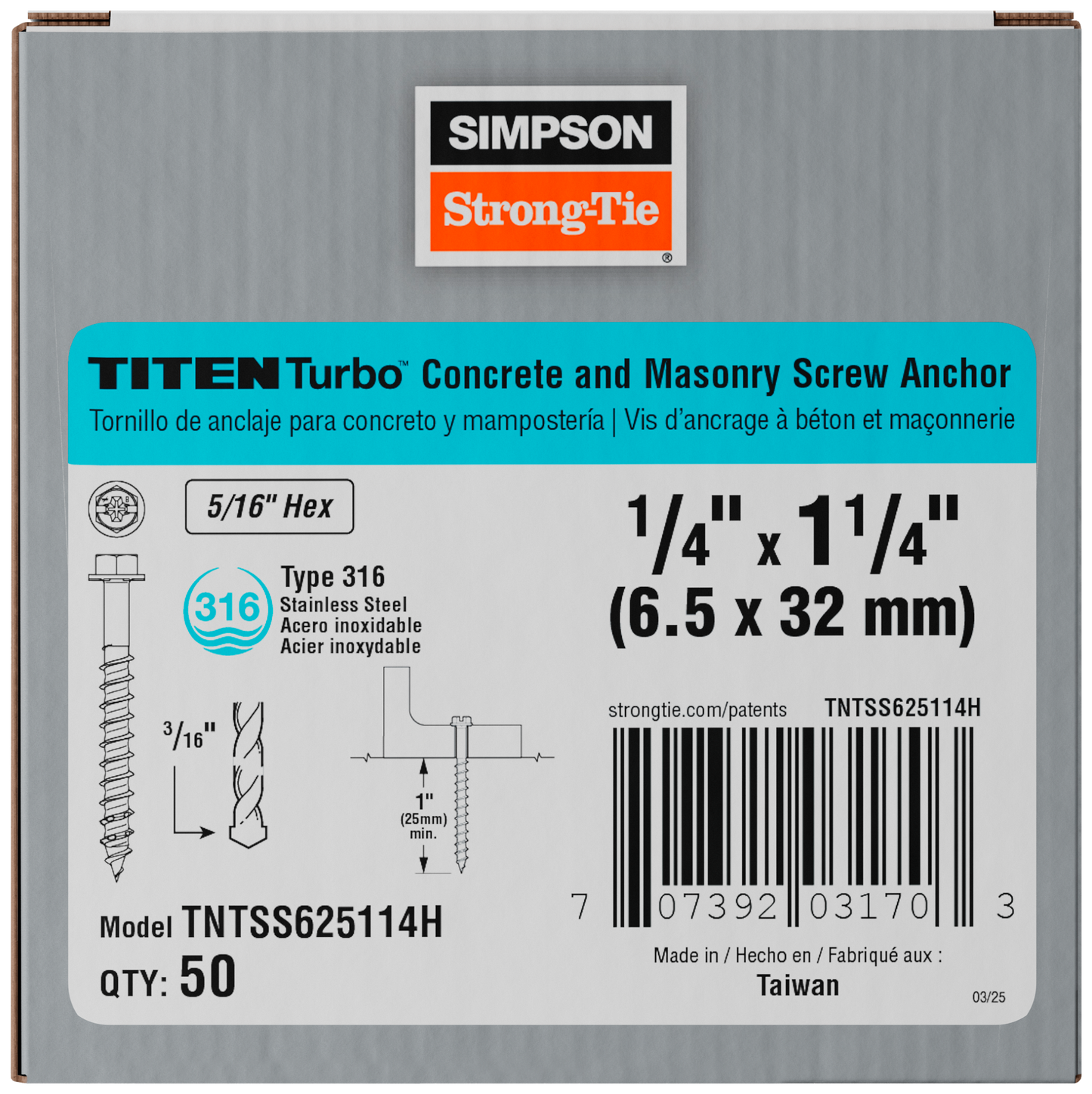 Simpson Strong-Tie TNTSS625114H Titen Turbo™ — 1/4 in. x 1-1/4 in. Type 316 Stainless-Steel Hex-Head Concrete and Masonry Screw (50-Qty) (Pack of 16)