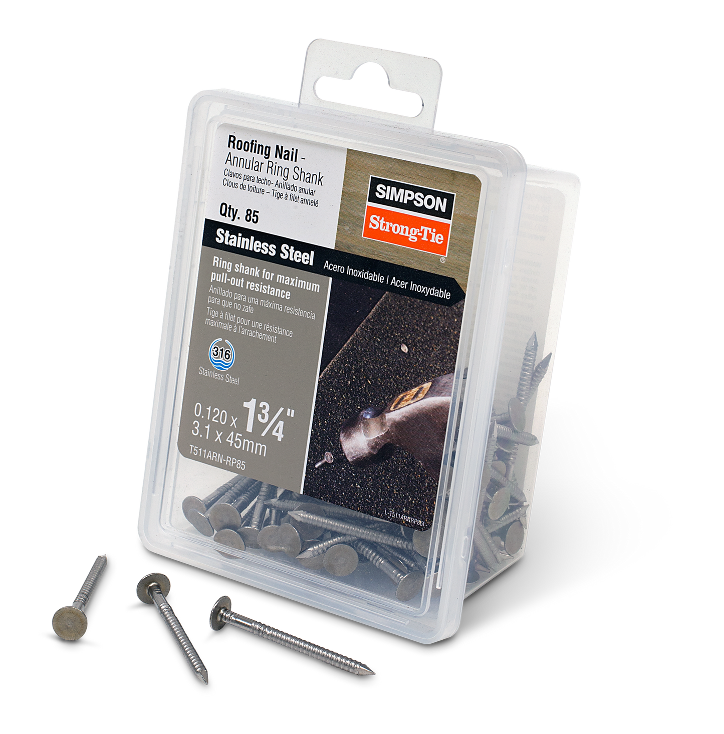 Simpson Strong-Tie T511ARN-RP85 Roofing Nail, Annular Ring Shank — 1-3/4-in. x .120-in. Type 316 Stainless Steel (85-Qty) (Pack of 600)