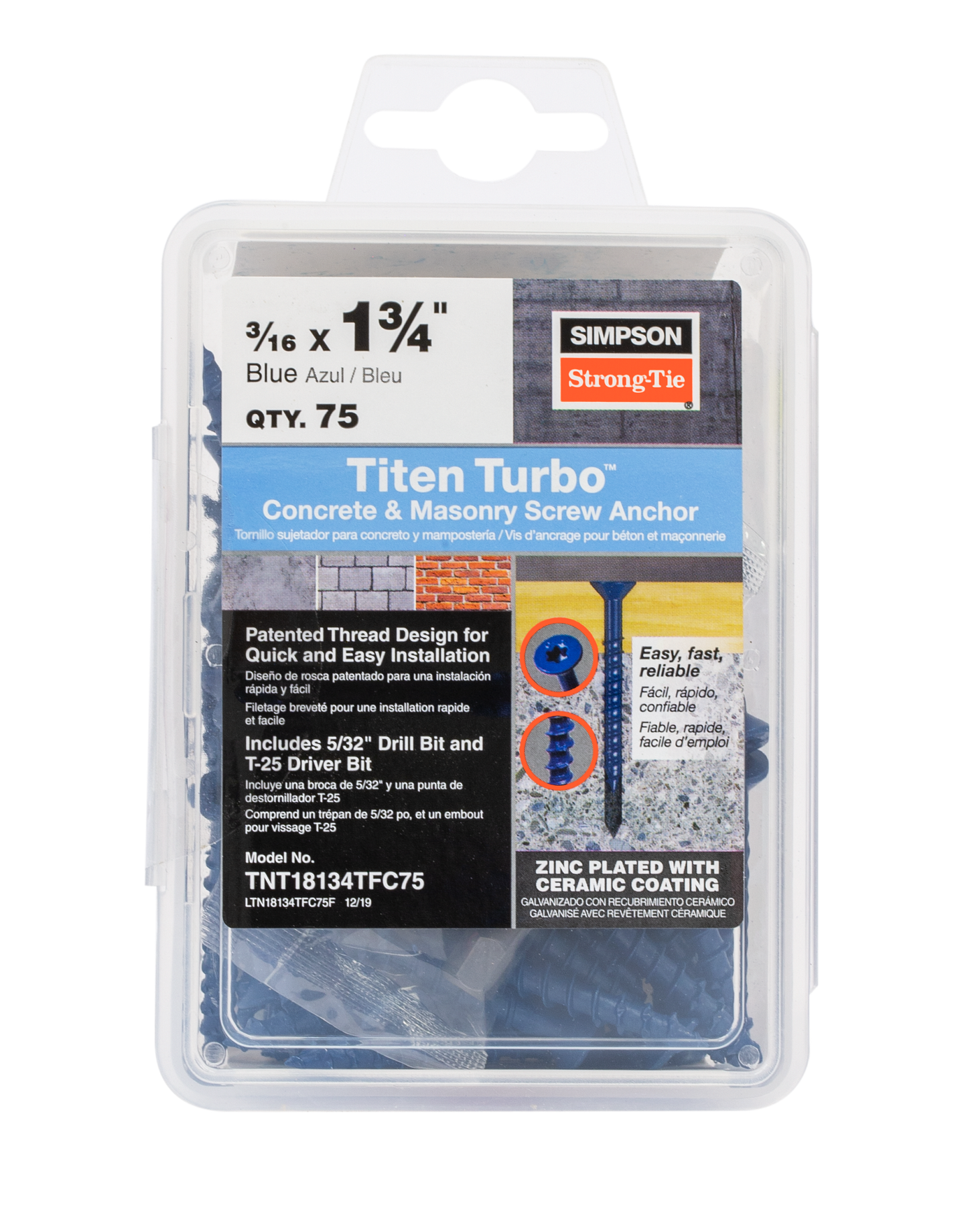 Simpson Strong-Tie TNT18134TFC75 Titen Turbo™ — 3/16 in. x 1-3/4 in. 6-Lobe Flat-Head Concrete and Masonry Screw, Blue (75-Qty) (Pack of 5)