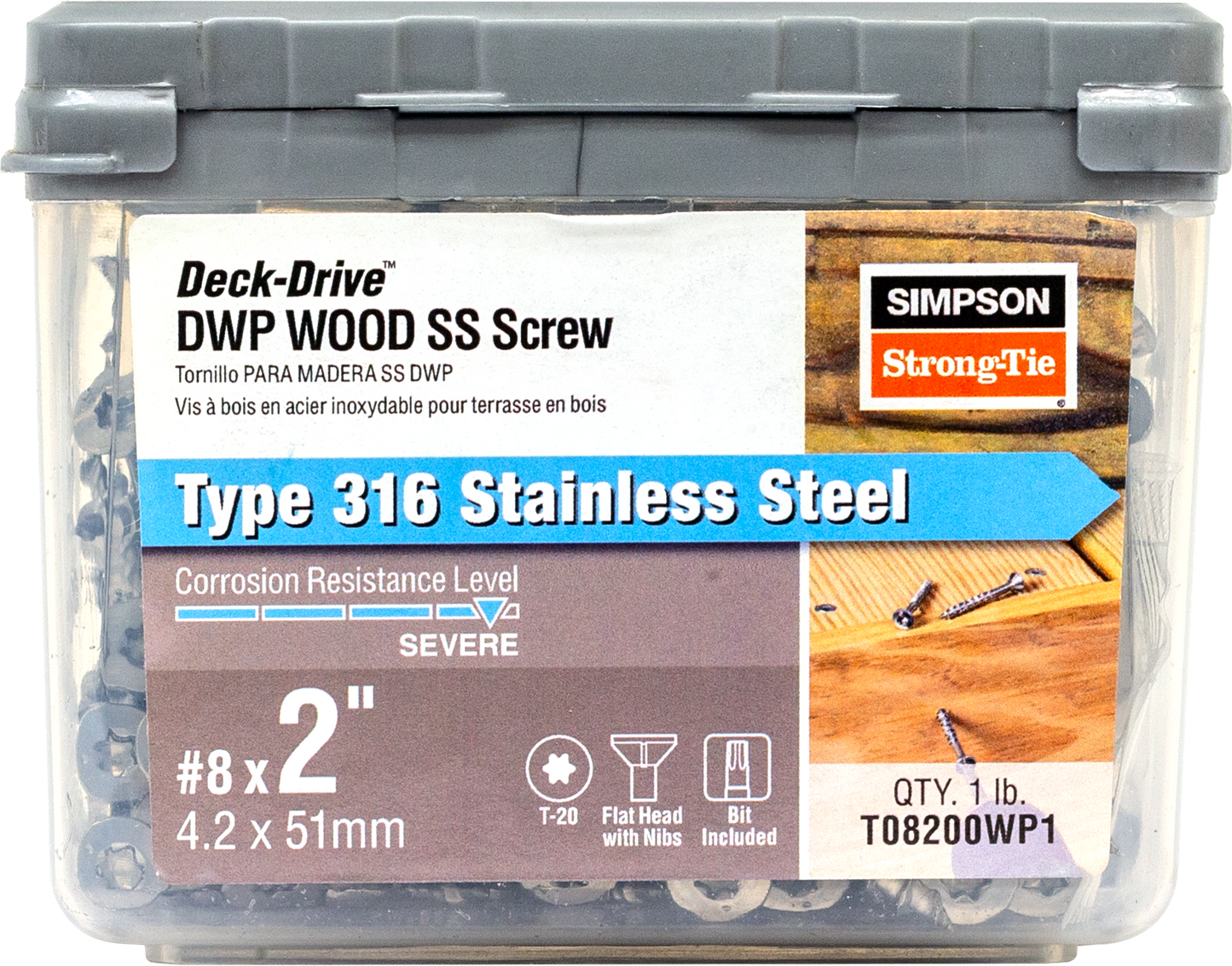 Simpson Strong-Tie T08200WP1 Deck-Drive™ DWP WOOD SS Screw — #8 x 2 in. T-20, Flat Head, Type 316 (1 lb.) (Pack of 10)