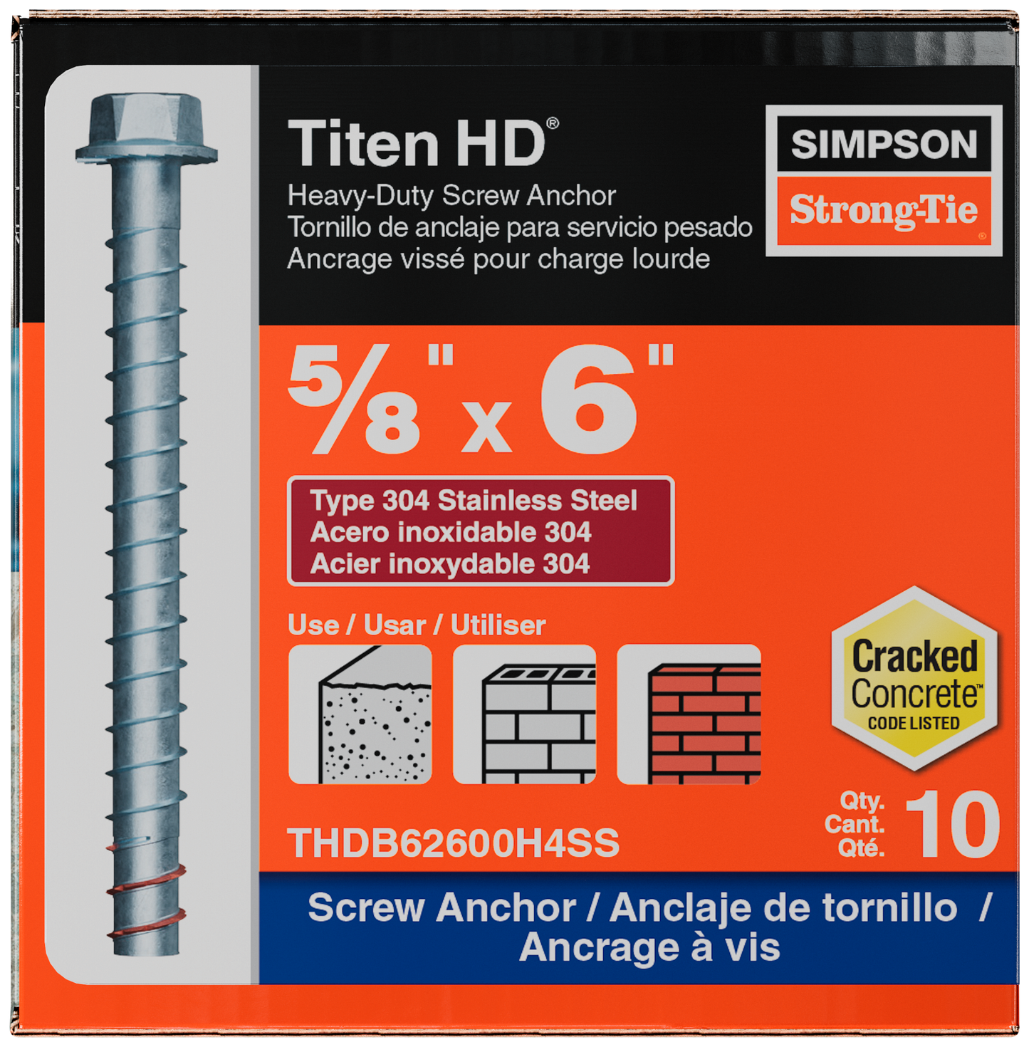 Simpson Strong-Tie THDB62600H4SS Titen HD® 5/8 in. x 6 in. Type 304 Stainless-Steel Heavy-Duty Screw Anchor (10-Qty) (Pack of 4)