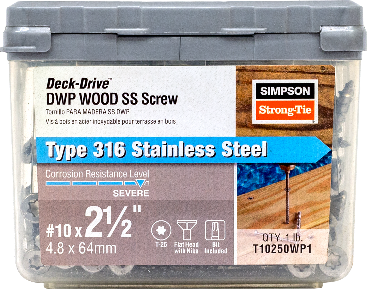 Simpson Strong-Tie T10250WP1 Deck-Drive™ DWP WOOD SS Screw — #10 x 2-1/2 in. T25, Flat Head, Type 316 (1 lb.) (Pack of 10)