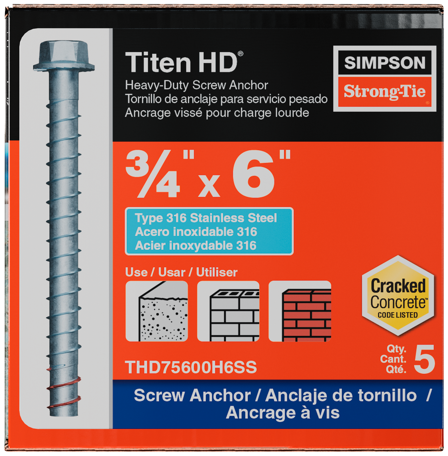 Simpson Strong-Tie THD75600H6SS Titen HD® 3/4 in. x 6 in. Type 316 Stainless Steel Heavy-Duty Screw Anchor (5-Qty) (Pack of 360)