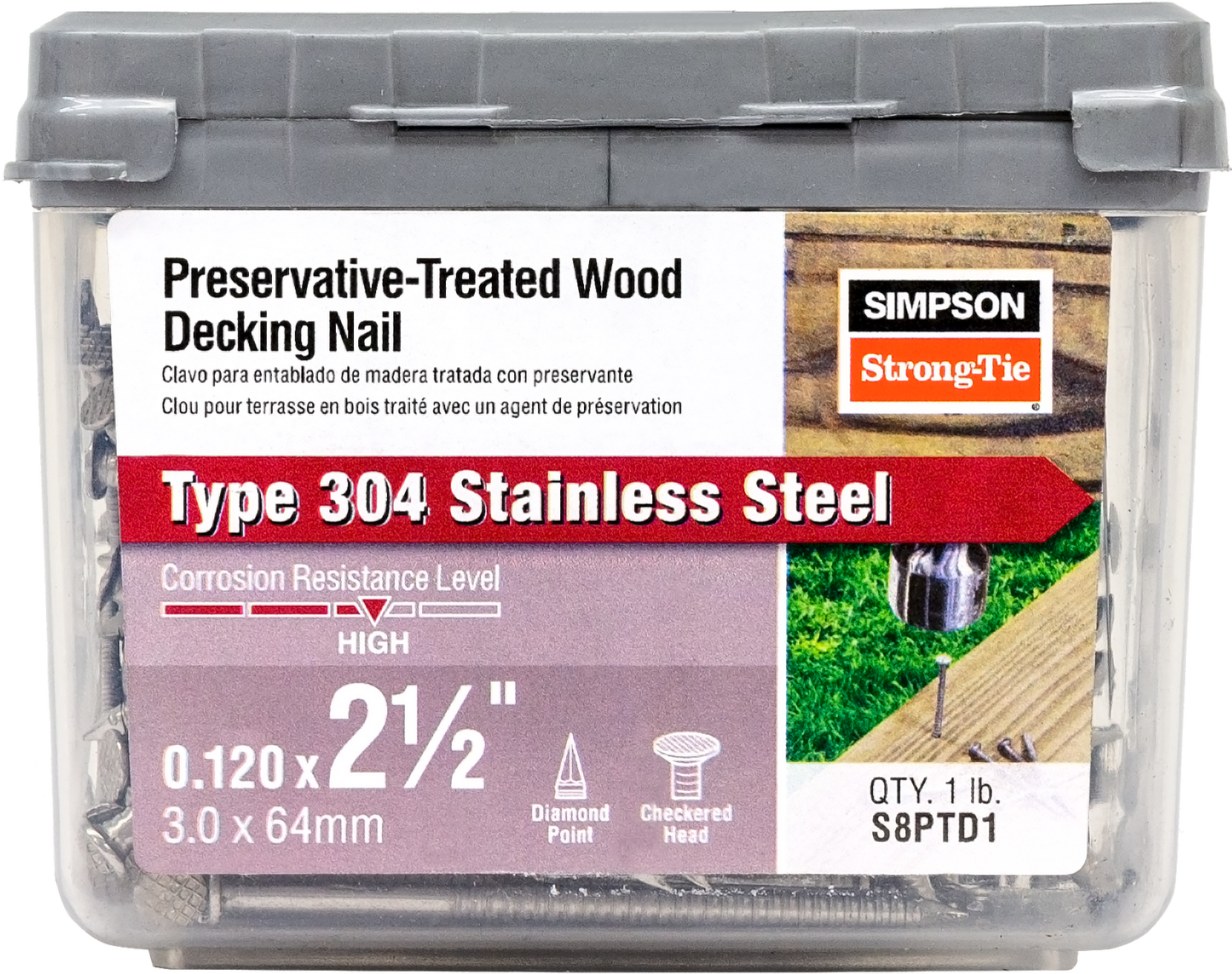 Simpson Strong-Tie S8PTD1 Preservative-Treated Wood Decking Nail, Ring Shank — 2-1/2 in. x .120 in. Type 304 (1 lb.) (Pack of 800)