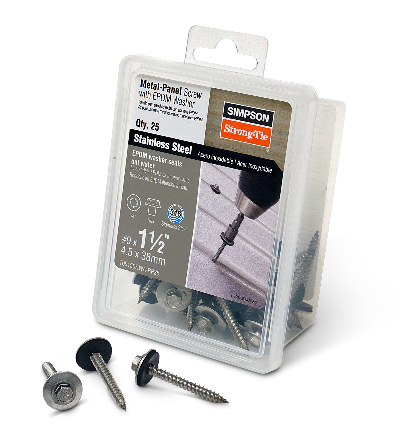Simpson Strong-Tie T09150HWA-RP25 Metal-Panel Screw with EPDM Washer — #9 x 1-1/2 in. Hex Head, Type 316 (25-Qty)