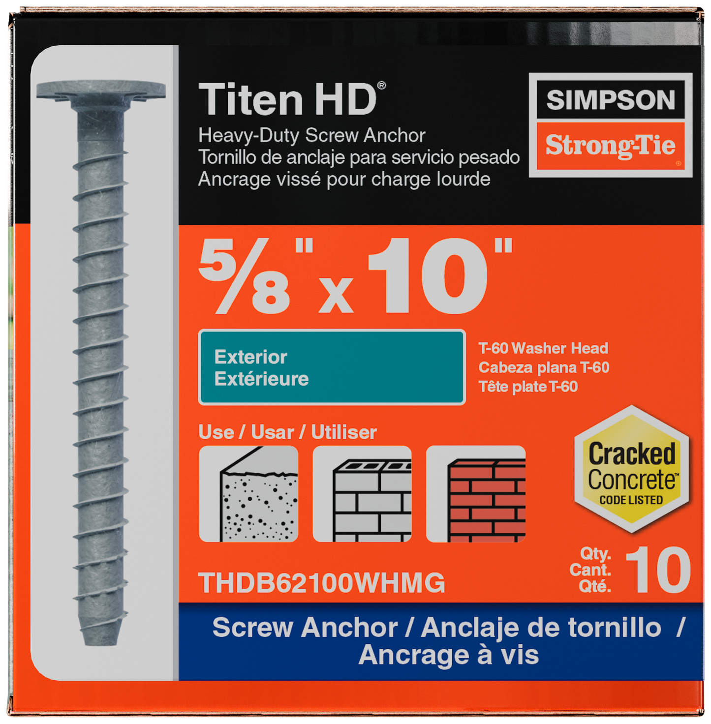Simpson Strong-Tie THDB62100WHMG Titen HD® 5/8 in. x 10 in. Mech. Galv. Washer-Head Heavy-Duty Screw Anchor (10-Qty)