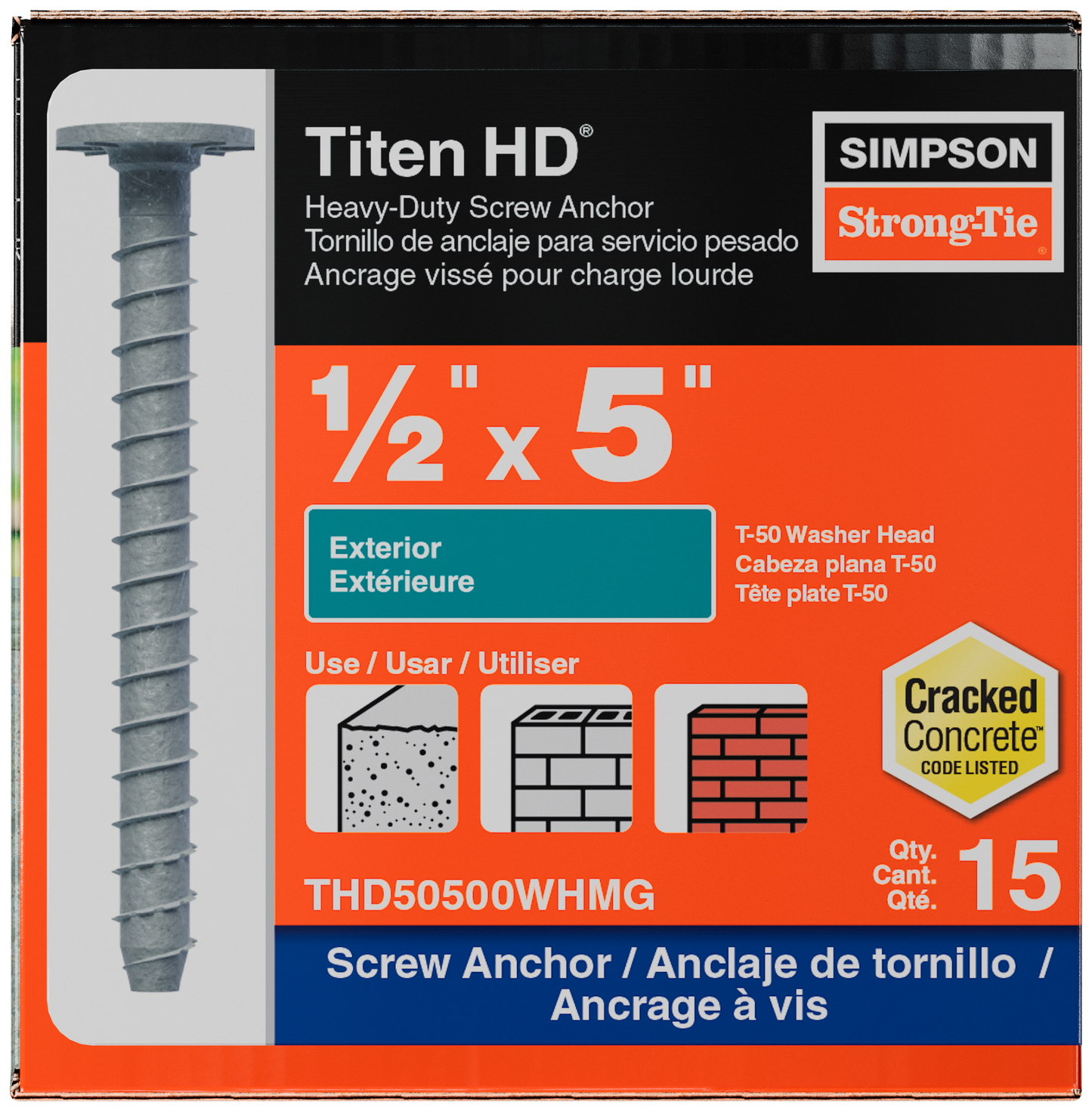 Simpson Strong-Tie THD50500WHMG Titen HD® 1/2 in. x 5 in. Mech. Galv. Washer-Head Heavy-Duty Screw Anchor (15-Qty) (Pack of 4)