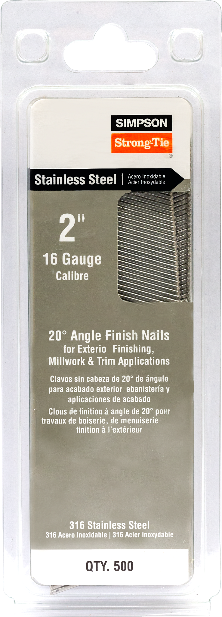 Simpson Strong-Tie T16N200PFB 20° Angle, Adhesive Collation, T-Style Head, 16-Gauge Finishing Nail — 2 in. Type 316 (500-Qty) (Pack of 40)