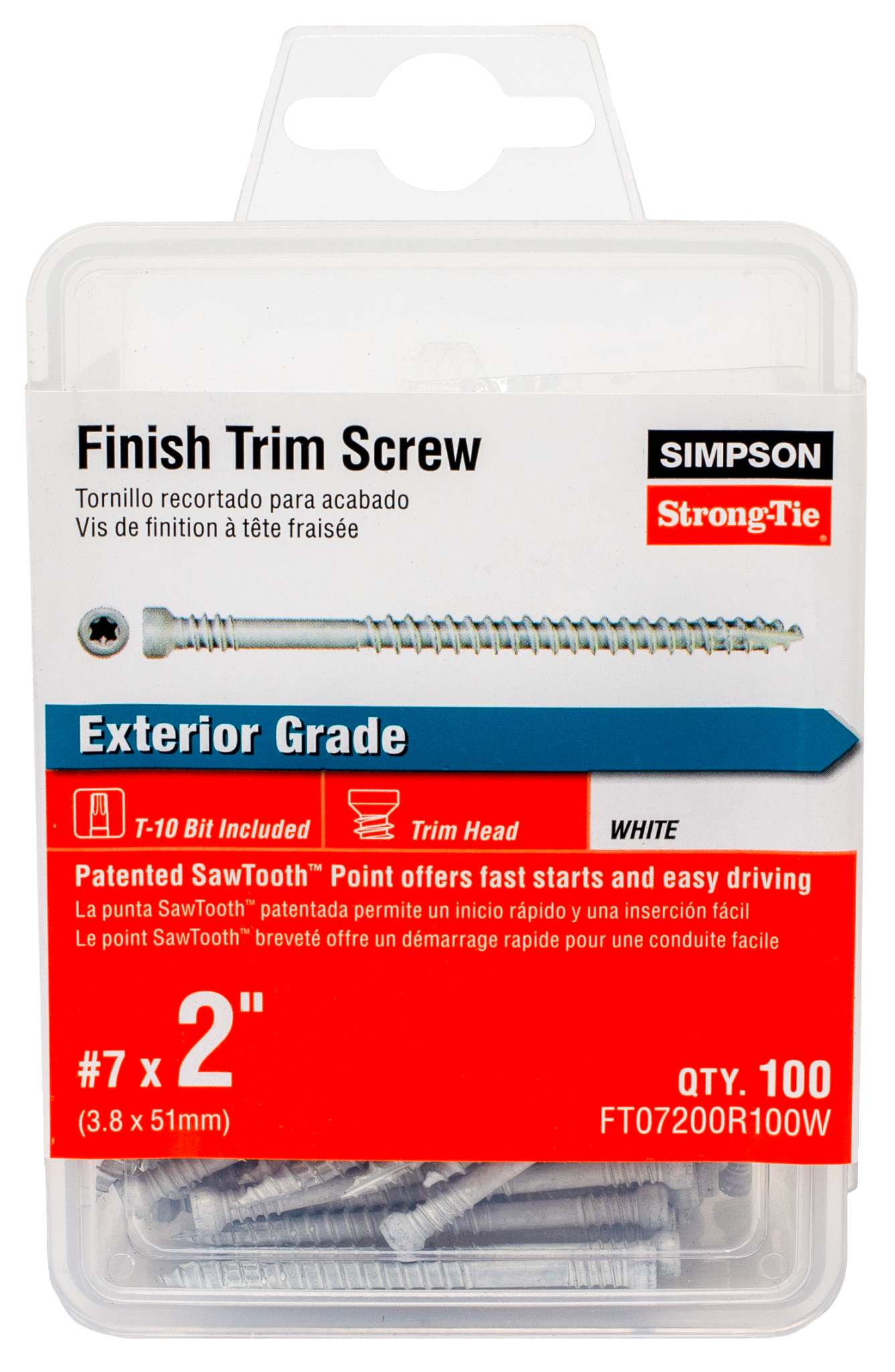 Simpson Strong-Tie FT07200R100W Finish Trim Screw — #7 x 2 in. T10, Trim-Head, Quik Guard®, White (100-Qty) (Pack of 5)