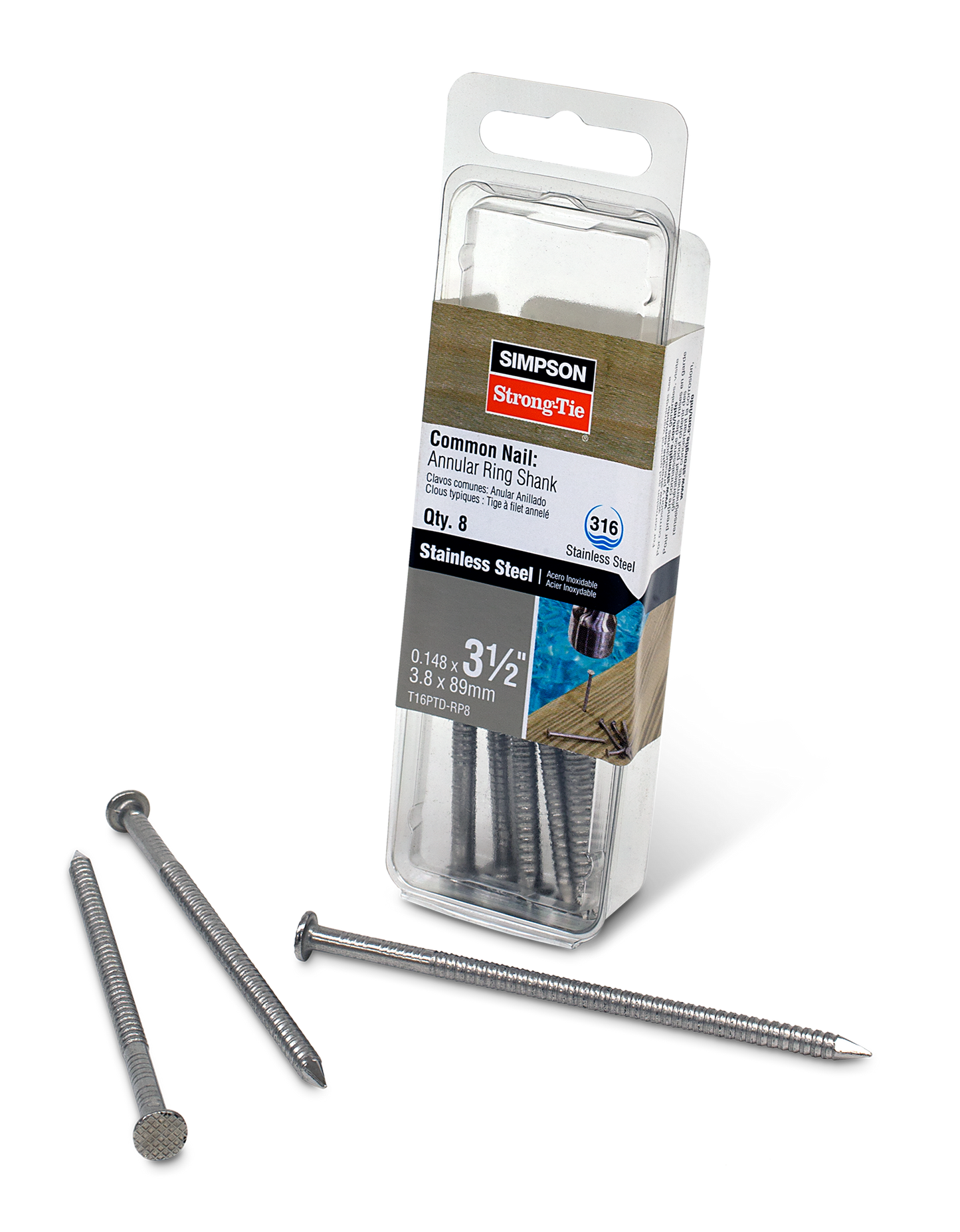 Simpson Strong-Tie T16PTD-RP8 Preservative-Treated Wood Decking Nail, Ring Shank — 3-1/2 in. x .148 in. Type 316 (8-Qty) (Pack of 5)