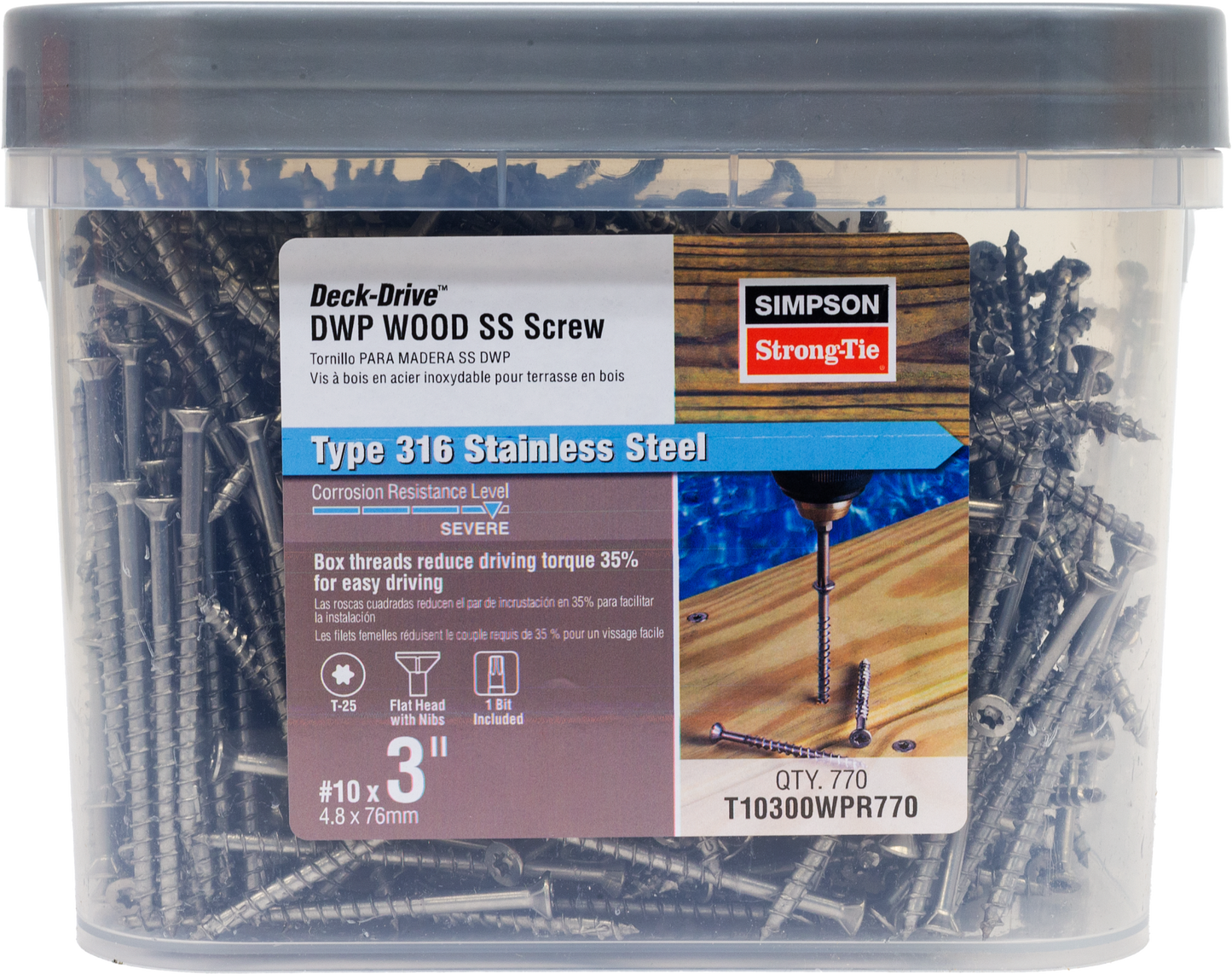 Simpson Strong-Tie T10300WPR770 Deck-Drive™ DWP WOOD SS Screw — #10 x 3 in. T25, Flat Head, Type 316 (770-Qty) (Pack of 4)