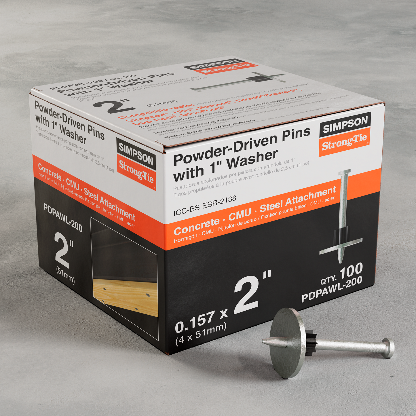 Simpson Strong-Tie PDPAWL-200 PDPAWL .157-in. x 2-in. Powder-Actuated Pin w/ 1-in. Washer (100-Qty) (Pack of 10)