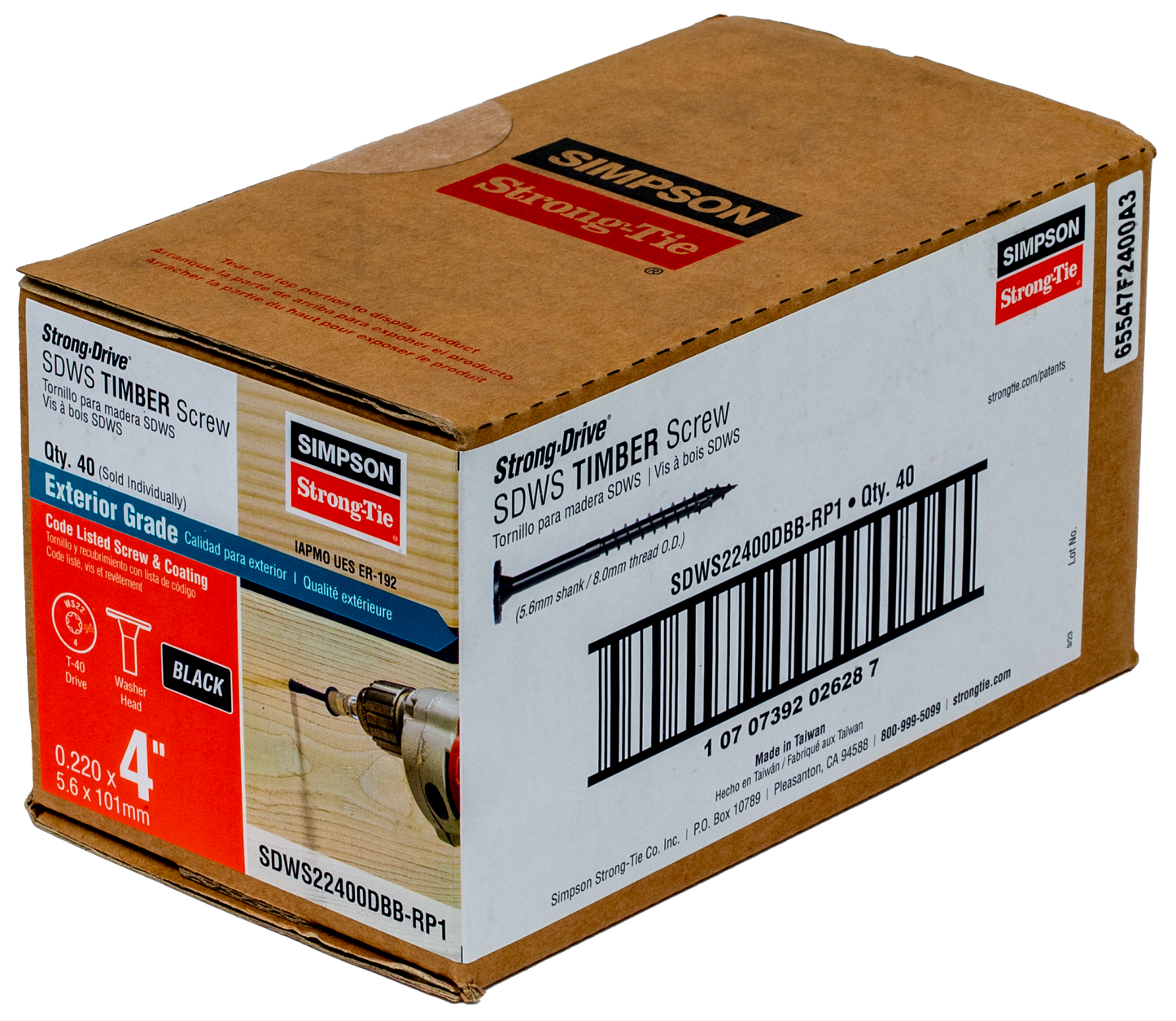 Simpson Strong-Tie SDWS22400DBB-RP1 Strong-Drive® SDWS™ TIMBER Screw (Exterior Grade) — 0.220 in. x 4 in. T40, Black (Pack of 40)