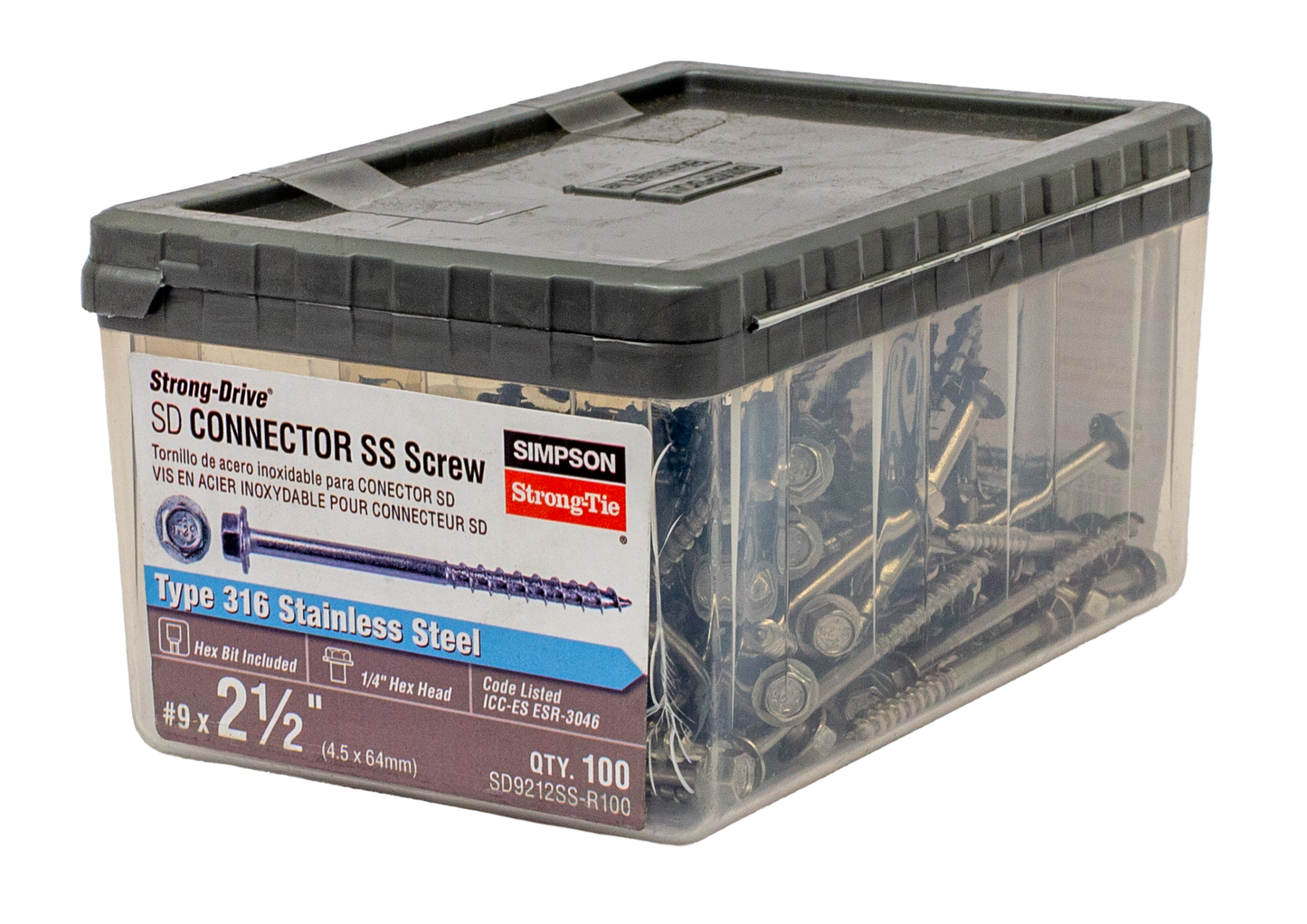 Simpson Strong-Tie SD9212SS-R100 Strong-Drive® SD CONNECTOR SS Screw — #9 x 2-1/2 in. 1/4-Hex Drive, Type 316 (100-Qty) (Pack of 792)