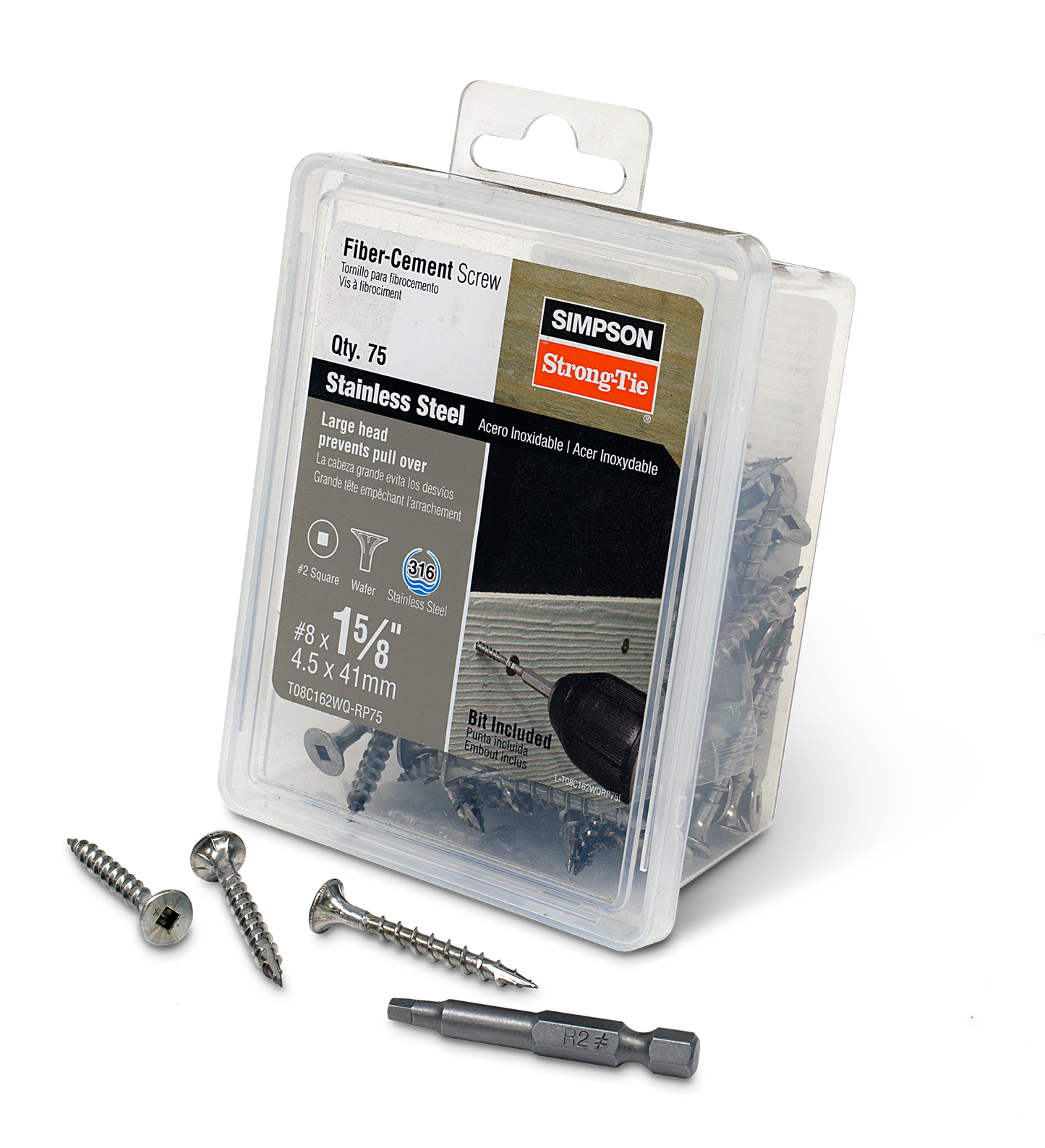 Simpson Strong-Tie T08C162WQ-RP75 Fiber-Cement Screw — #8 x 1-5/8 in. #2 Square Wafer-Head, Type 316 (75-Qty) (Pack of 4)