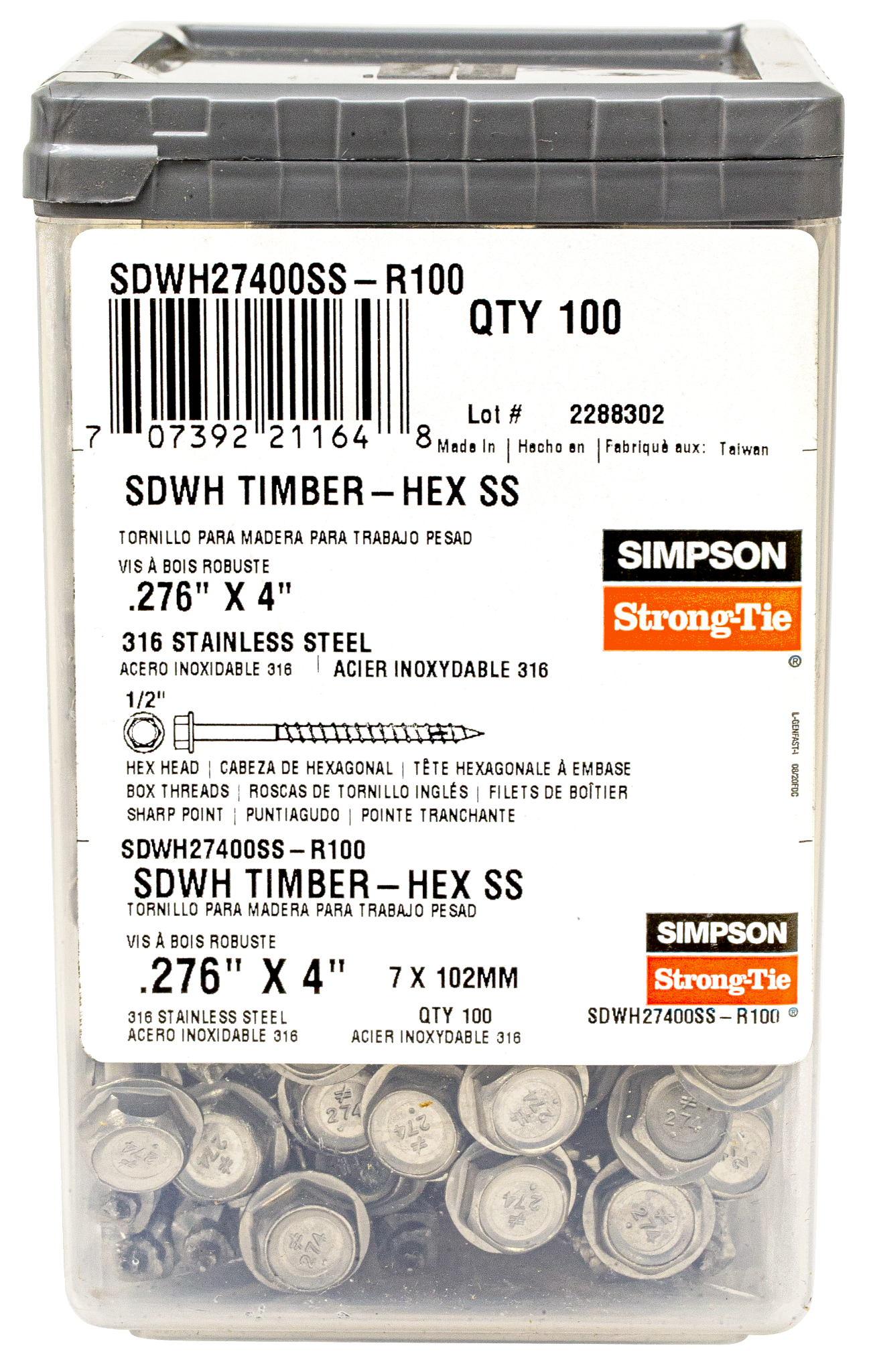 Simpson Strong-Tie SDWH27400SS-R100 Strong-Drive® SDWH™ TIMBER-HEX SS Screw — 0.275 in. x 4 in. 1/2 Hex, Type 316 (100-Qty)