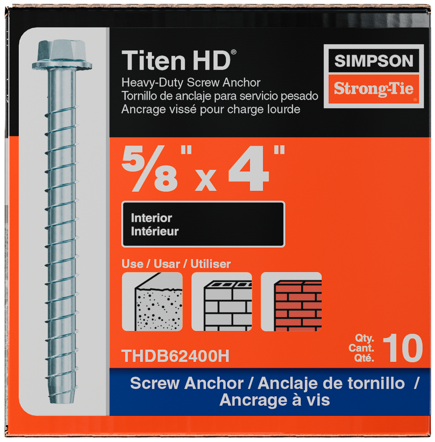 Simpson Strong-Tie THDB62400H Titen HD® 5/8 in. x 4 in. Heavy-Duty Screw Anchor (10-Qty) (Pack of 360)