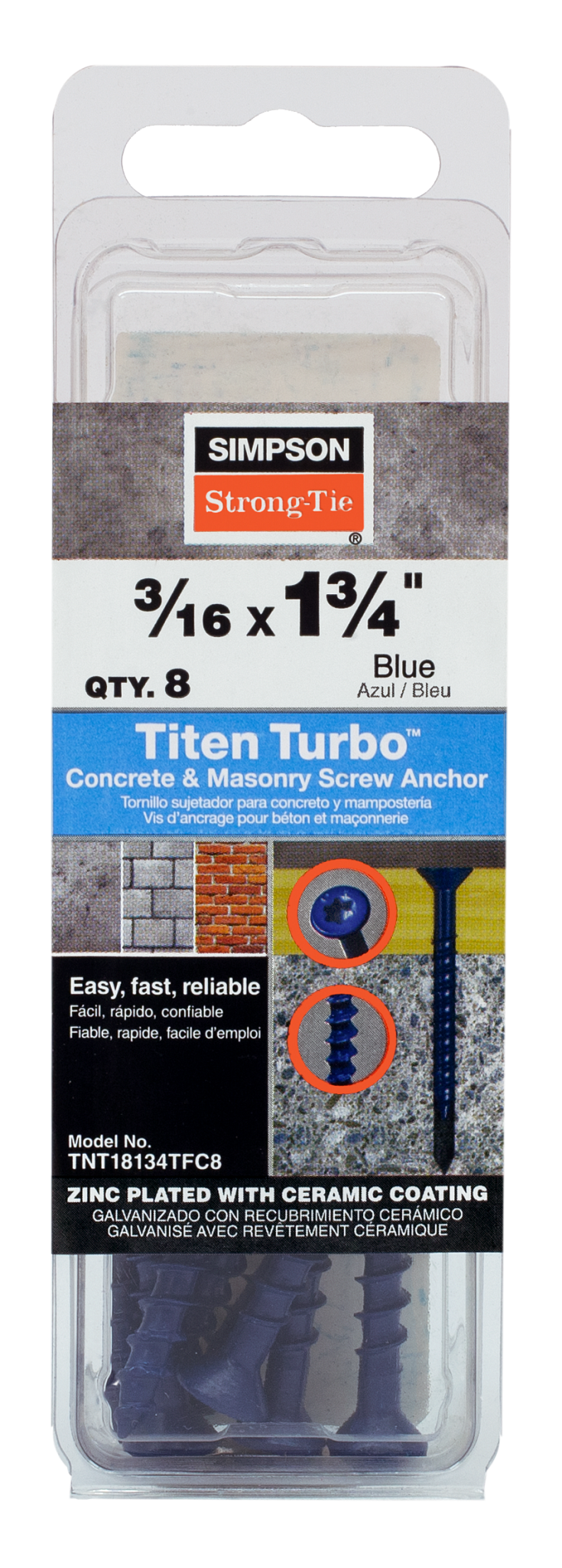 Simpson Strong-Tie TNT18134TFC8 Titen Turbo™ — 3/16 in. x 1-3/4 in. 6-Lobe Flat-Head Concrete and Masonry Screw, Blue (8-Qty) (Pack of 5)