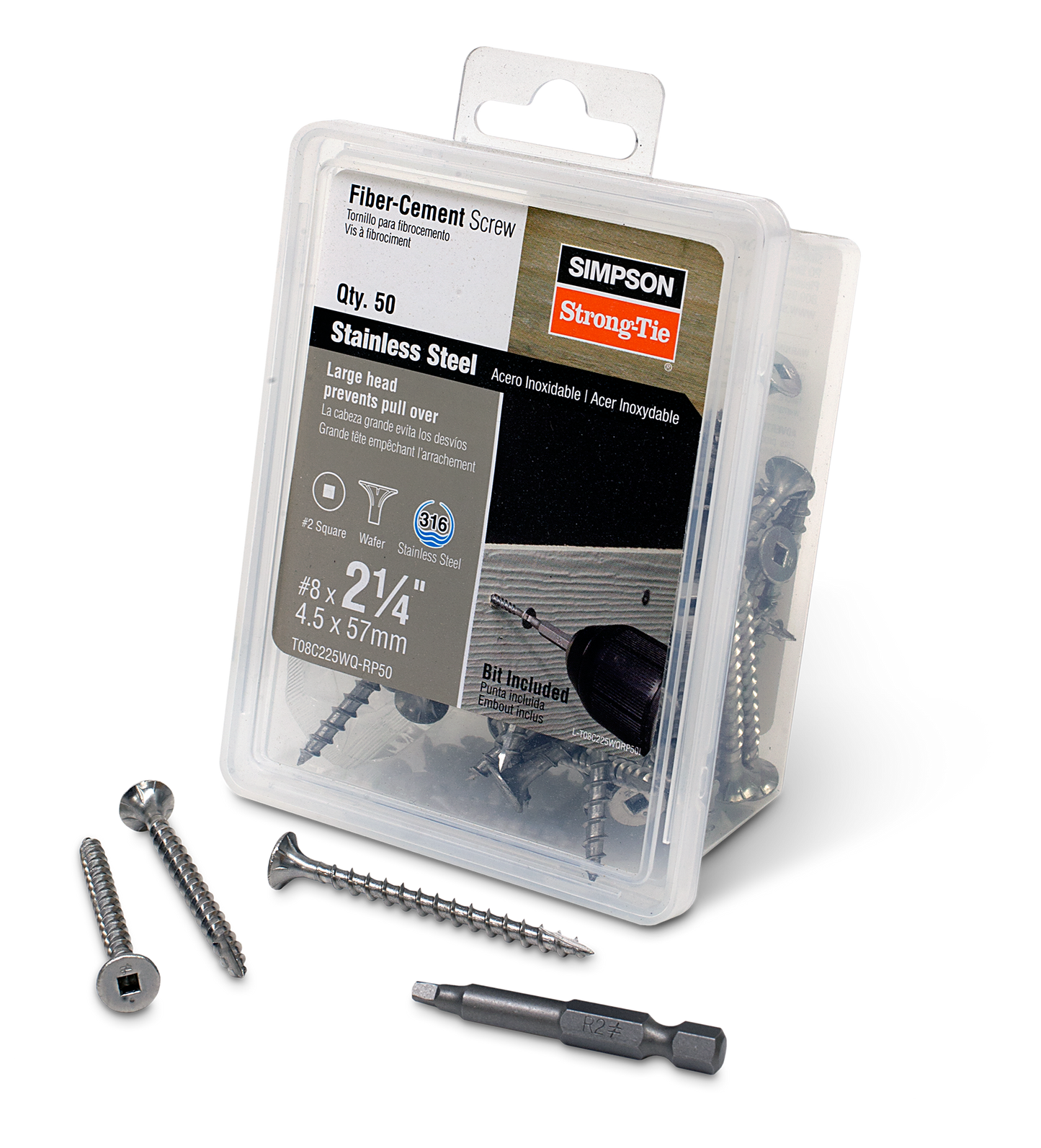 Simpson Strong-Tie T08C225WQ-RP50 Fiber-Cement Screw — #8 x 2-1/4 in. #2 Square Wafer-Head, Type 316 (50-Qty) (Pack of 600)