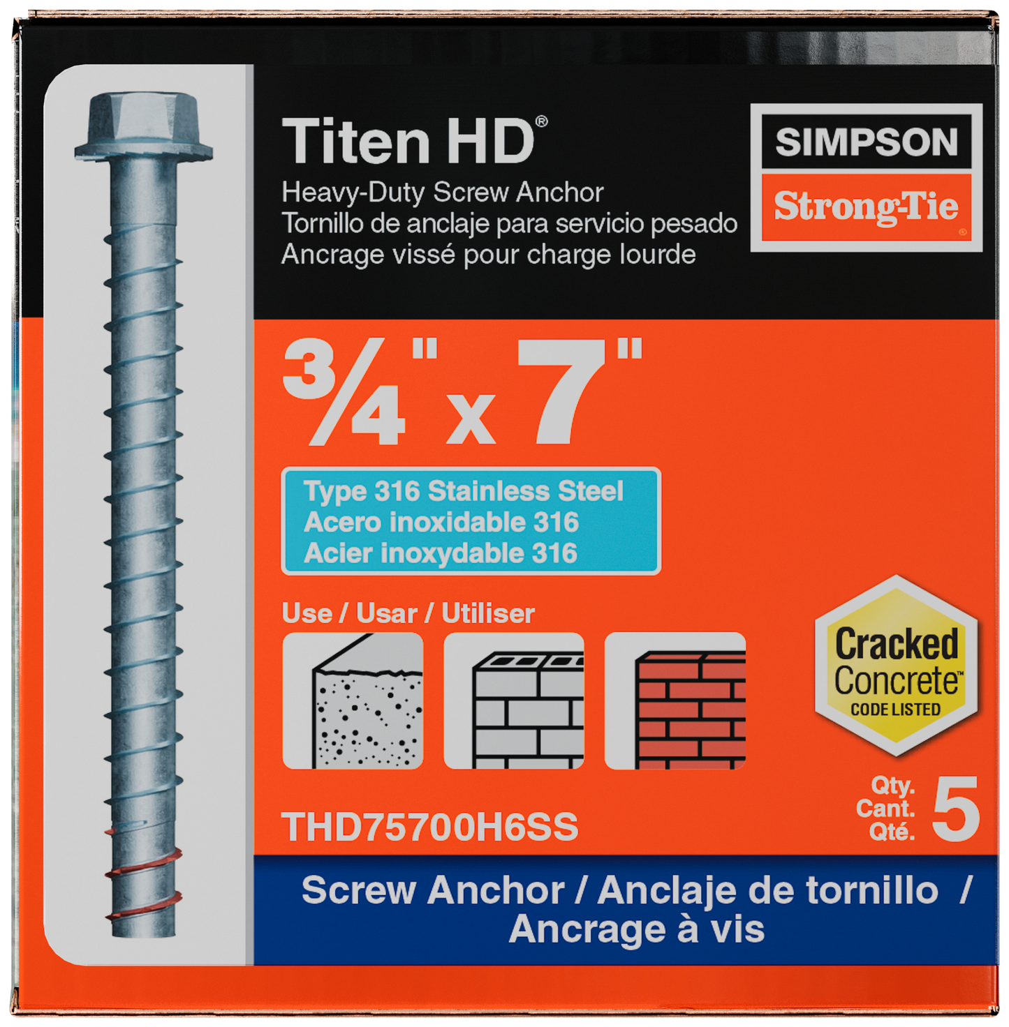 Simpson Strong-Tie THD75700H6SS Titen HD® 3/4 in. x 7 in. Type 316 Stainless Steel Heavy-Duty Screw Anchor (5-Qty)