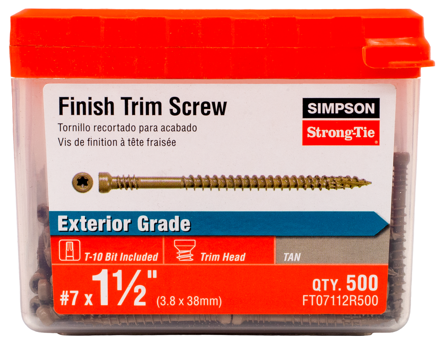Simpson Strong-Tie FT07112R500 Finish Trim Screw — #7 x 1-1/2 in. T10, Trim-Head, Quik Guard®, Tan (500-Qty)