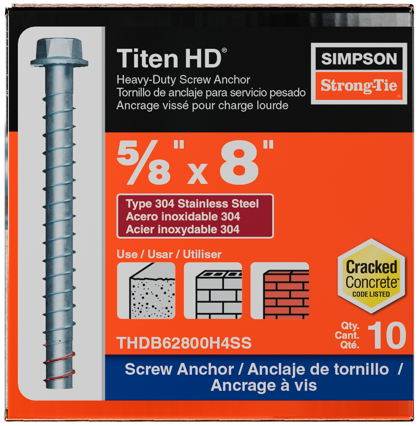 Simpson Strong-Tie THDB62800H4SS Titen HD® 5/8 in. x 8 in. Type 304 Stainless Steel Heavy-Duty Screw Anchor (10-Qty) (Pack of 2)