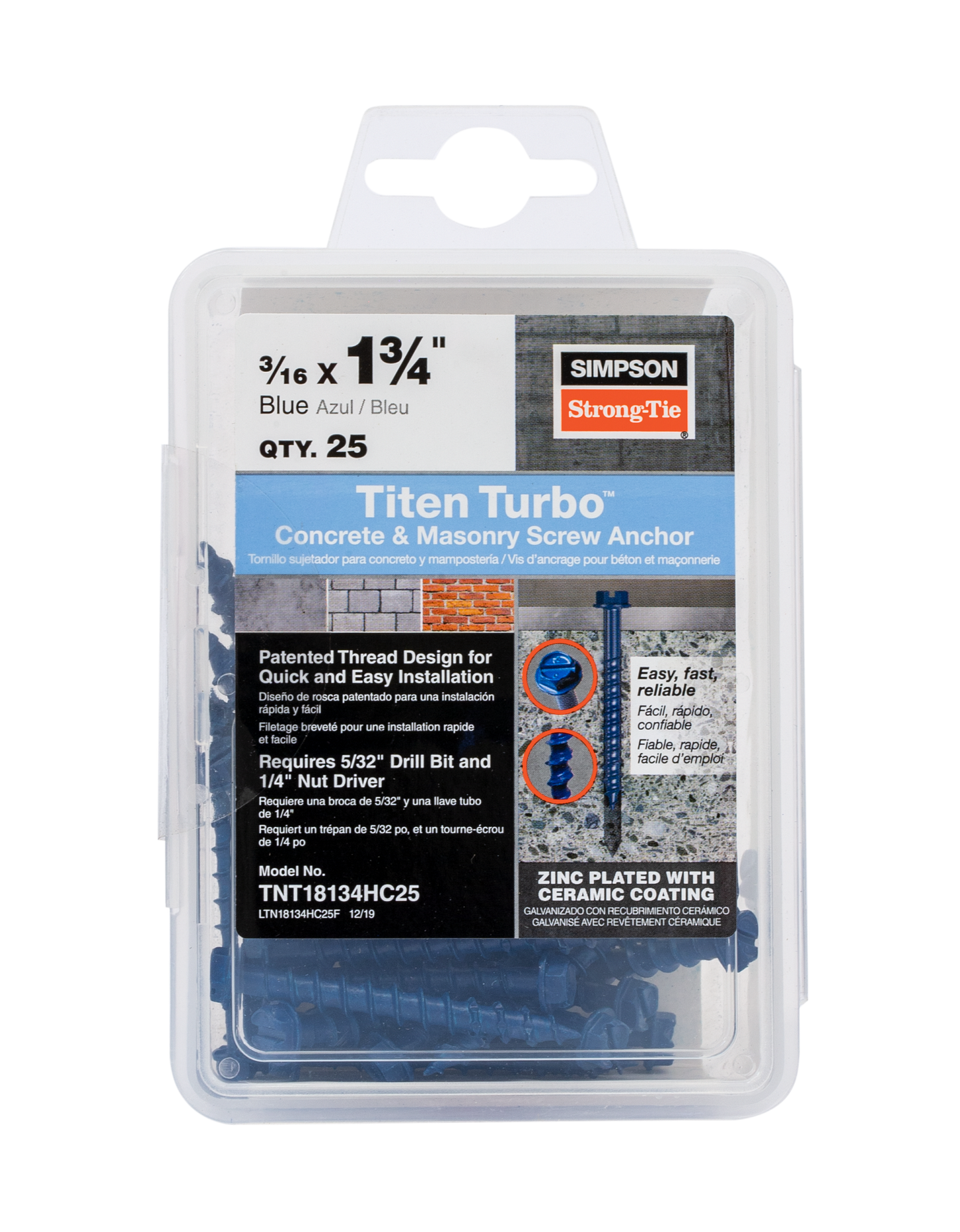 Simpson Strong-Tie TNT18134H Titen Turbo™ — 3/16 in. x 1-3/4 in. Hex-Head Concrete and Masonry Screw, Blue (100-Qty)