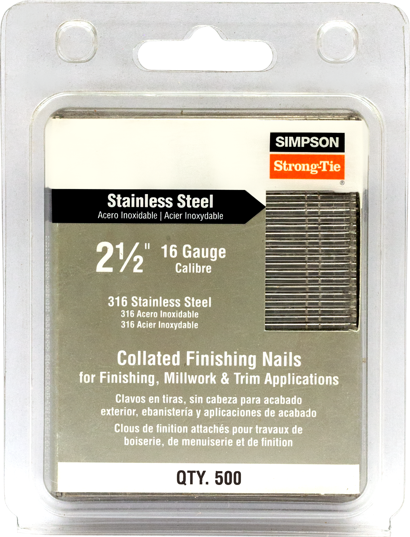 Simpson Strong-Tie T16N250FNB Straight, Adhesive Collation, T-Style Head, 16-Gauge Finishing Nail — 2-1/2 in. Type 316 (500-Qty)