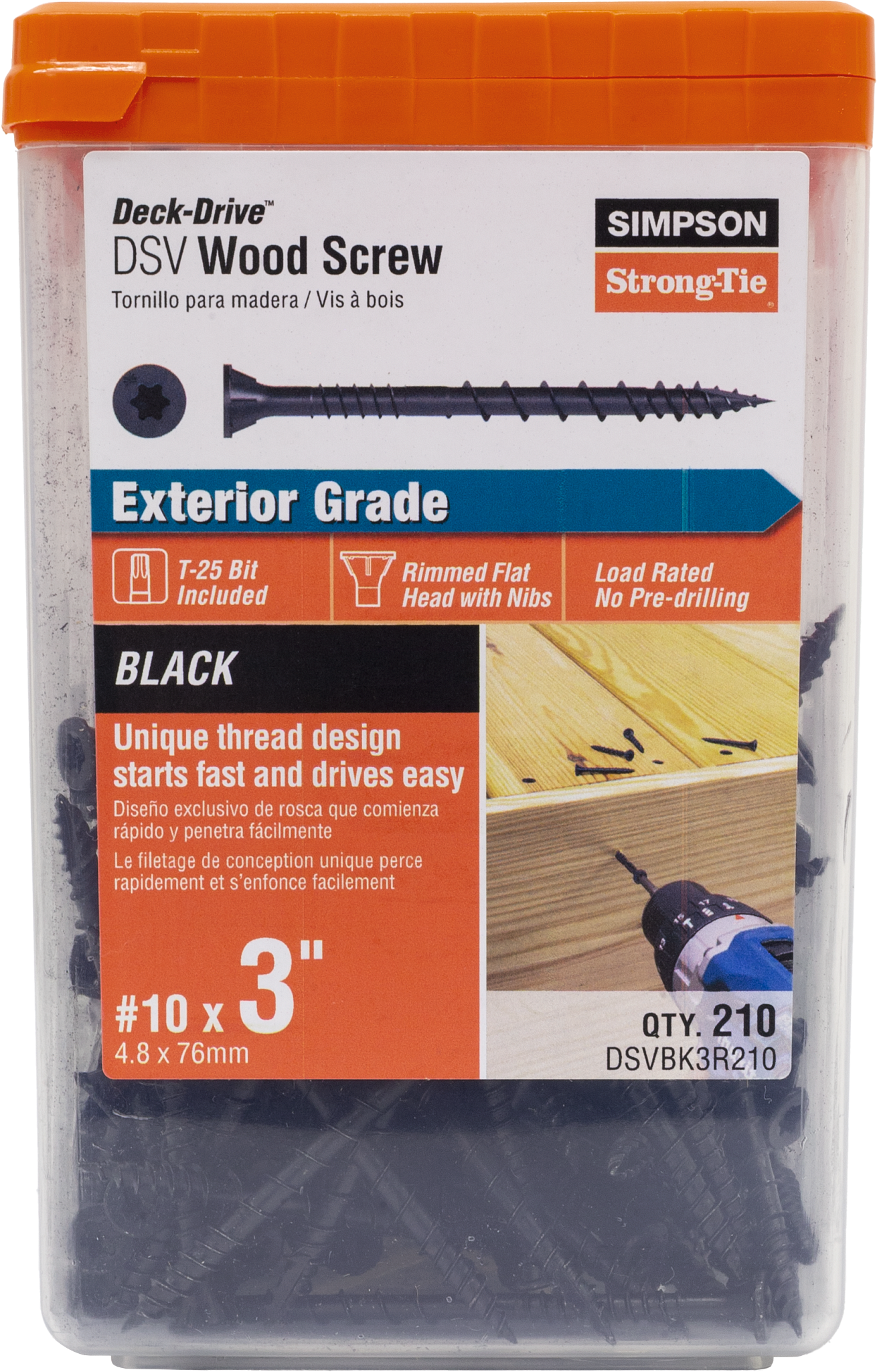 Simpson Strong-Tie DSVBK3R210 Deck-Drive™ DSV WOOD Screw — #10 x 3 in. T25, Flat Head, Quik Guard®, Black (210-Qty) (Pack of 396)