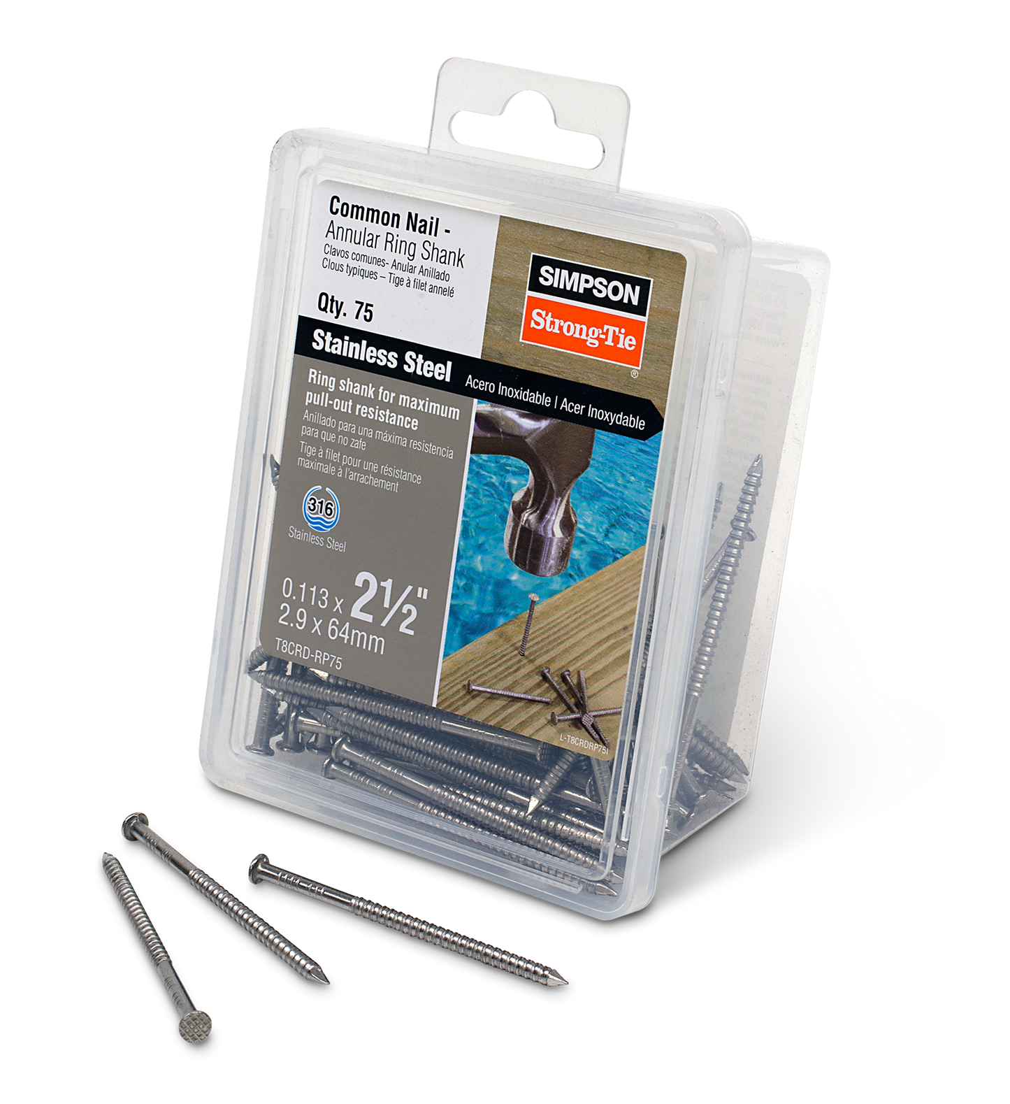 Simpson Strong-Tie T8CRD-RP75 Cedar and Redwood Decking Nail — 2-1/2 in. x .113 in. Type 316 Stainless Steel (75-Qty) (Pack of 4)